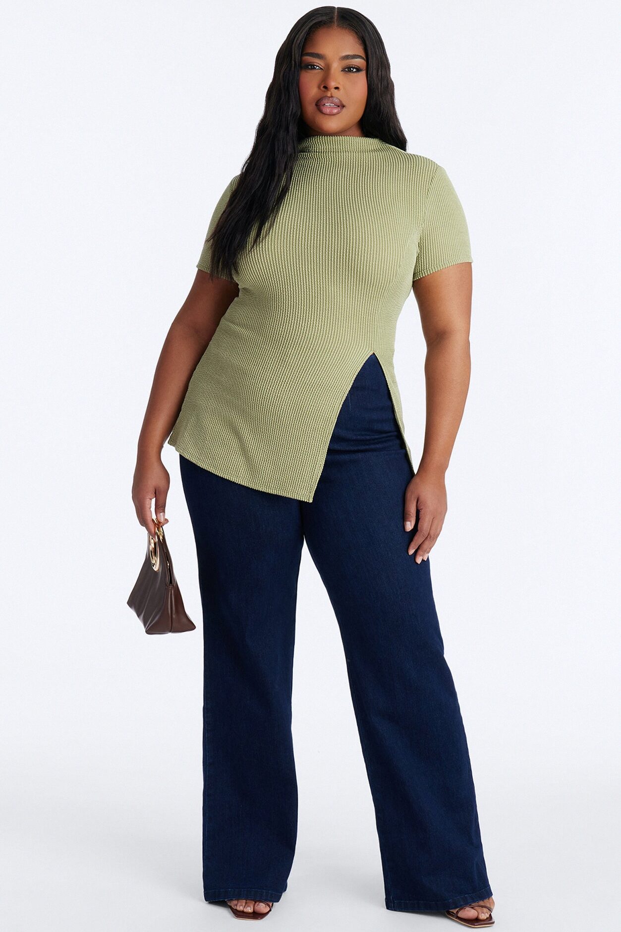 Ika Mock Neck Heavy Ribbed Short Sleeve Top - Chartreuse