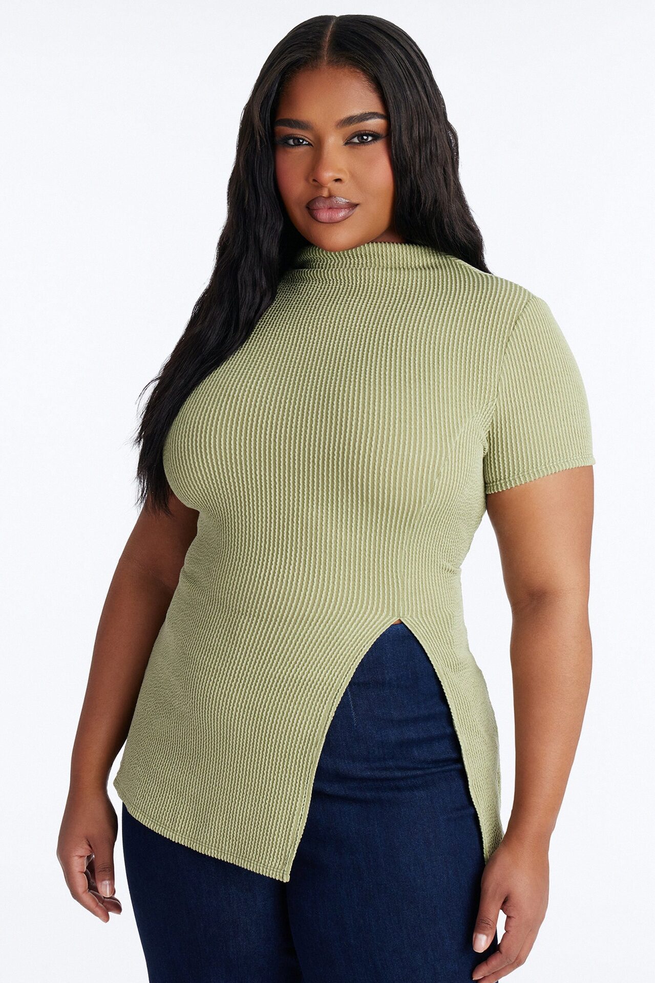 Ika Mock Neck Heavy Ribbed Short Sleeve Top - Chartreuse