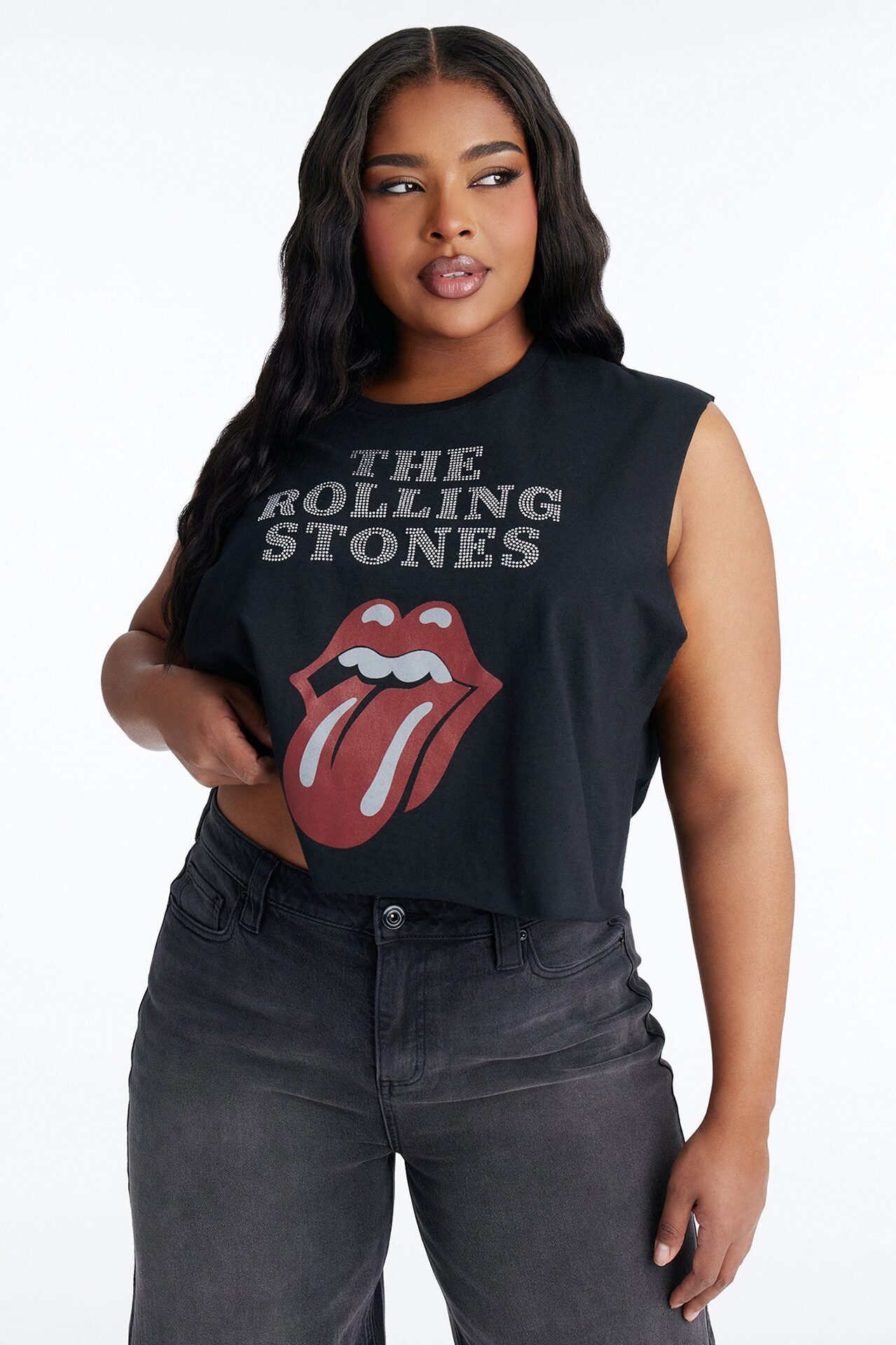 The Rolling Stones Cropped Muscle Tee With Rhinestones - Black