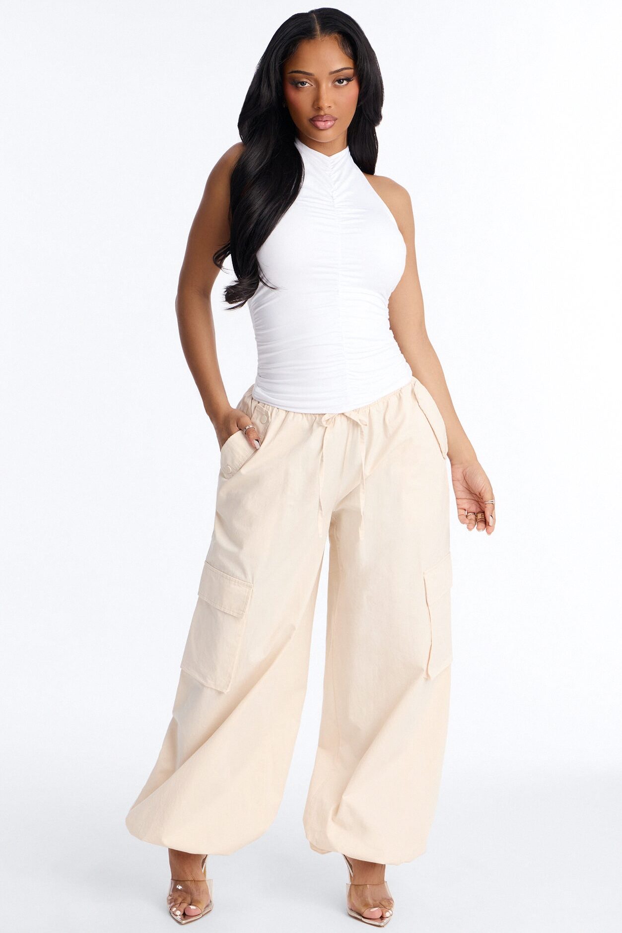 Contour Double Lined Ruched Backless Halter Top - White