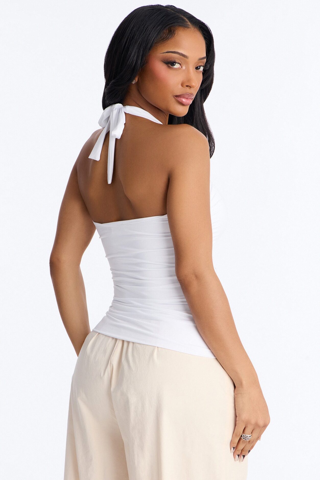Contour Double Lined Ruched Backless Halter Top - White