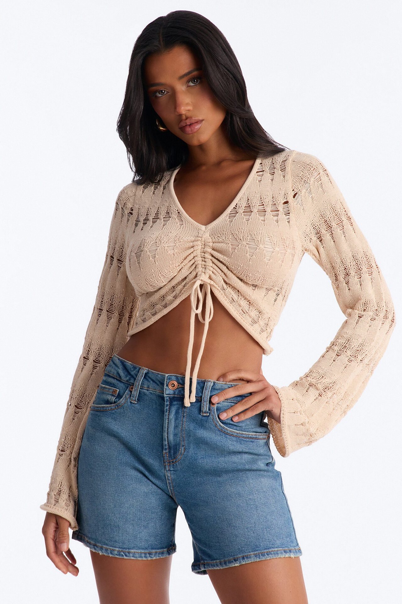 Spring Kissed Ruched Crochet Sweater Top - Natural