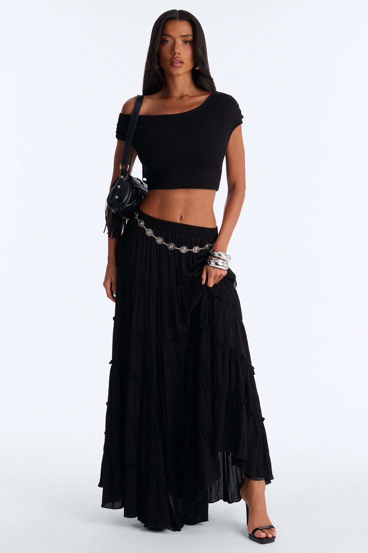 Free Spirit Low Rise Belted Tiered Maxi Skirt - Black