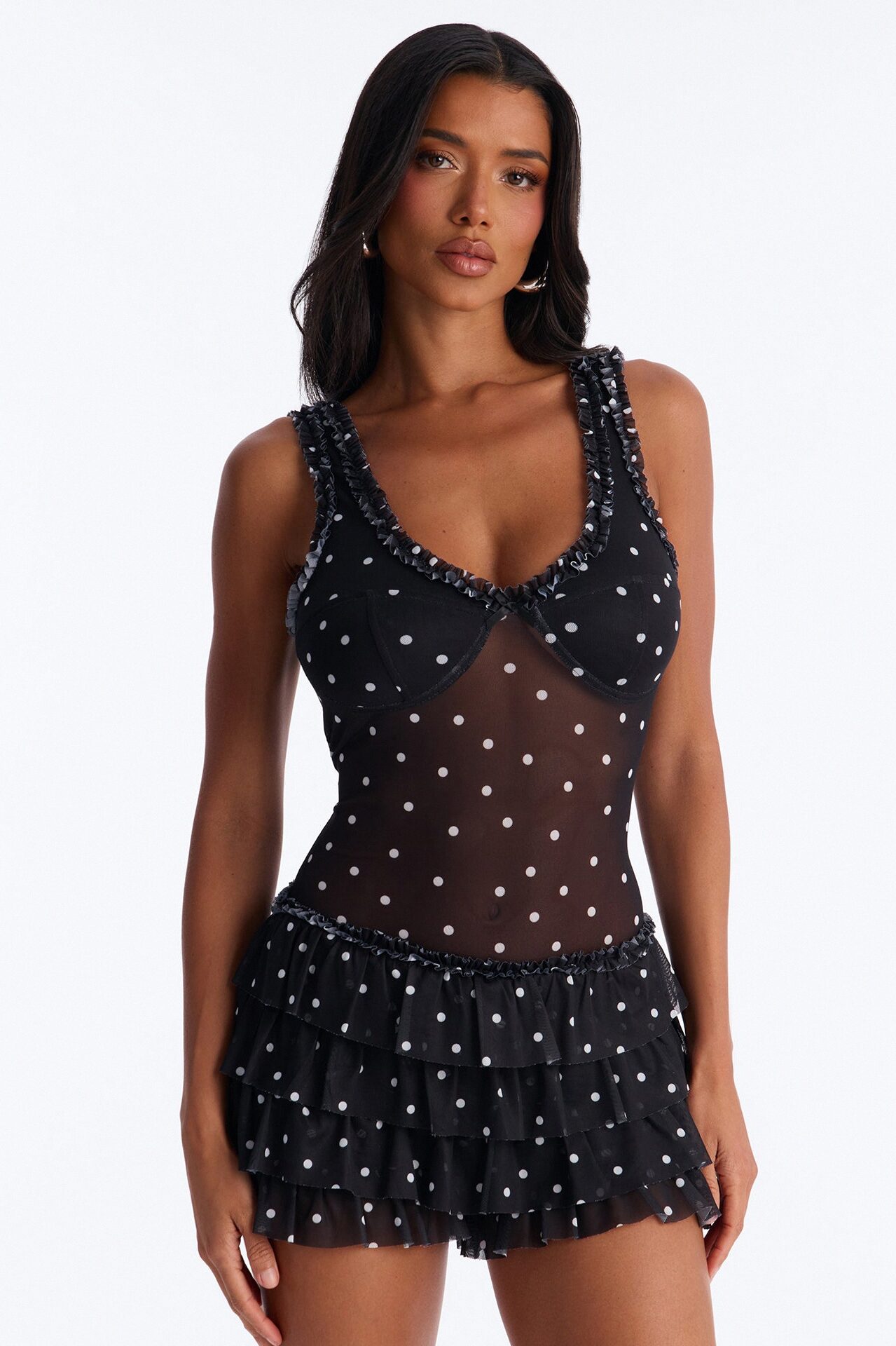 Reena Mesh Polka Dot Romper - Black
