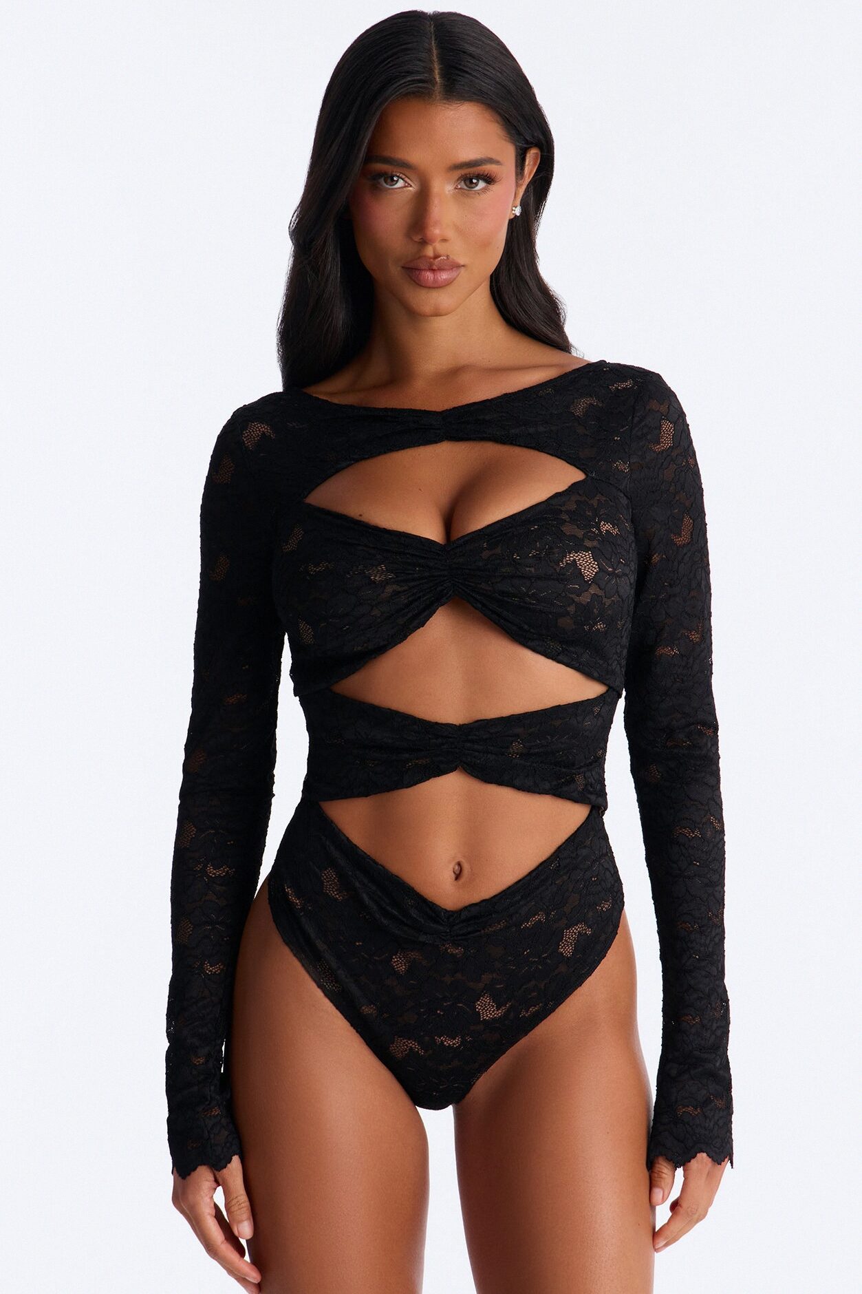 Stunner Lace Long Sleeve Bodysuit - Black