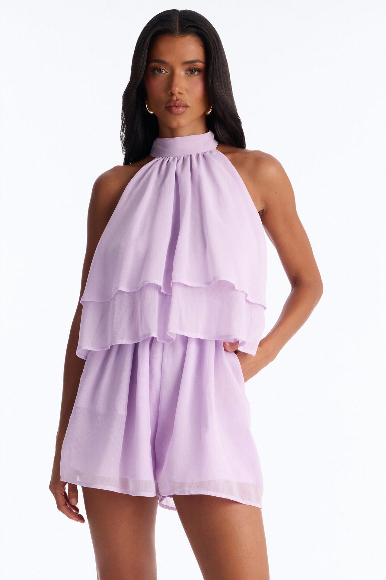 Josephine Chiffon Ruffle Romper - Lilac