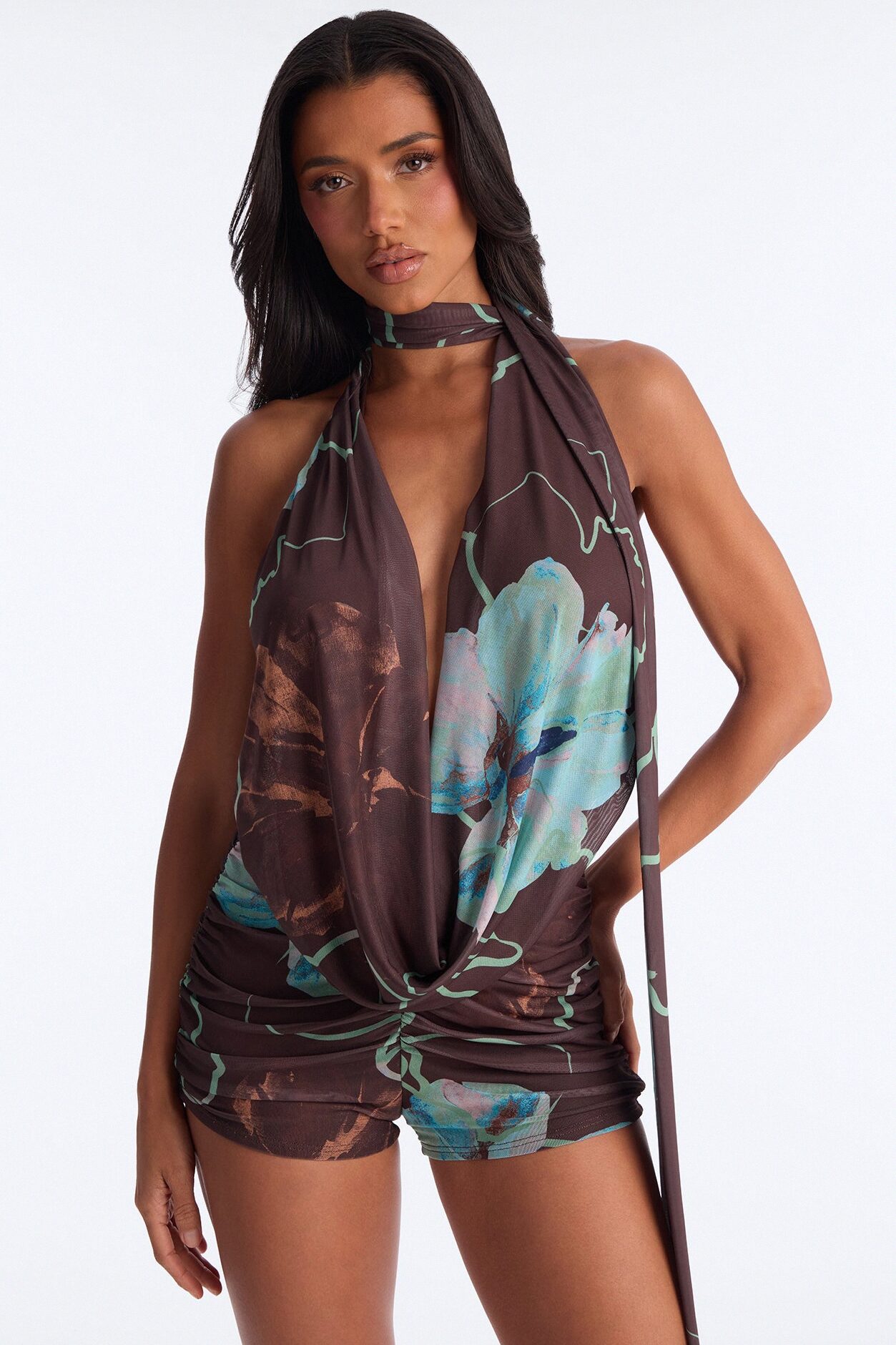Malia Cowl Neck Mesh 2 Piece Romper - Brown