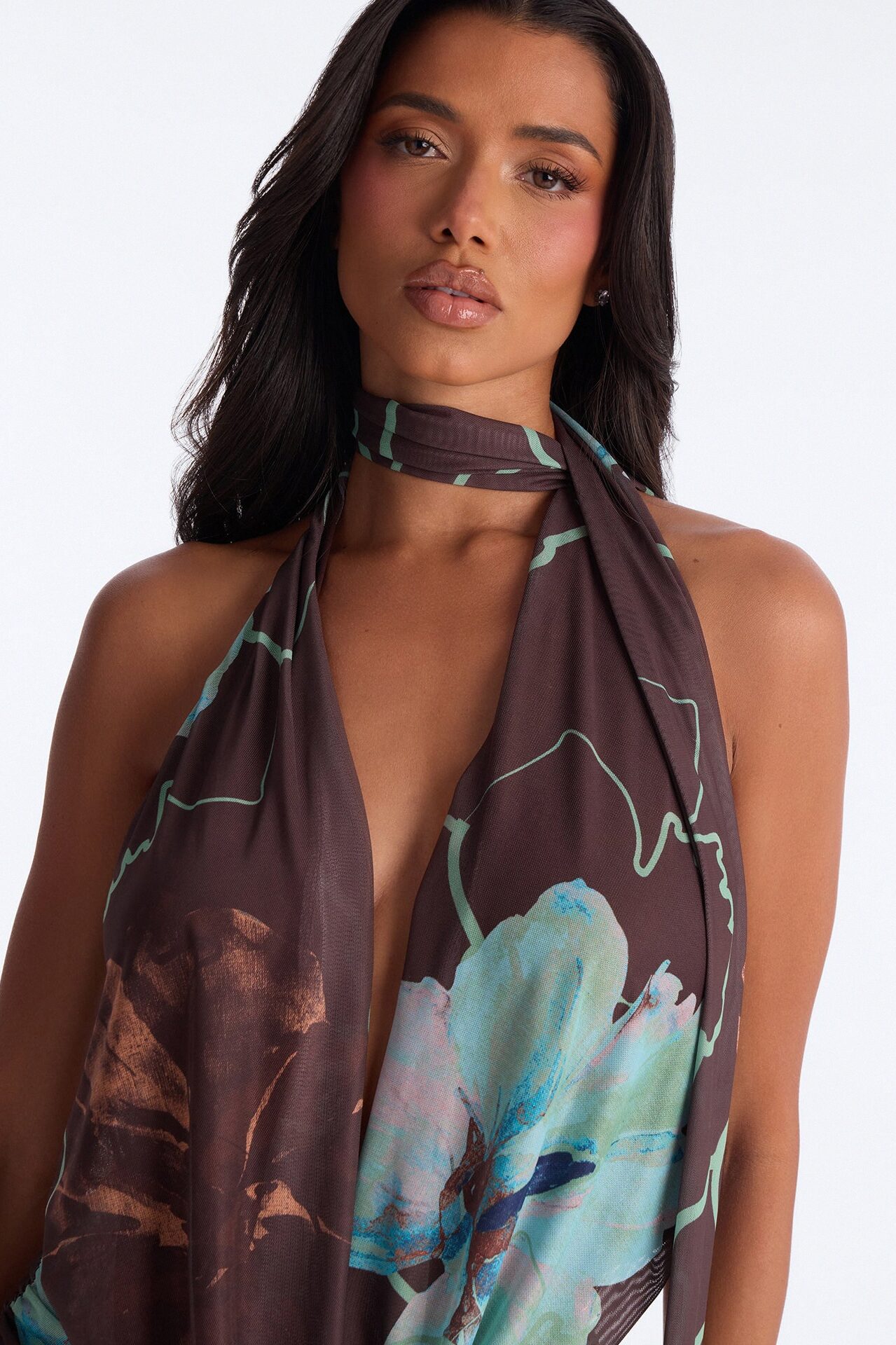 Malia Cowl Neck Mesh 2 Piece Romper - Brown