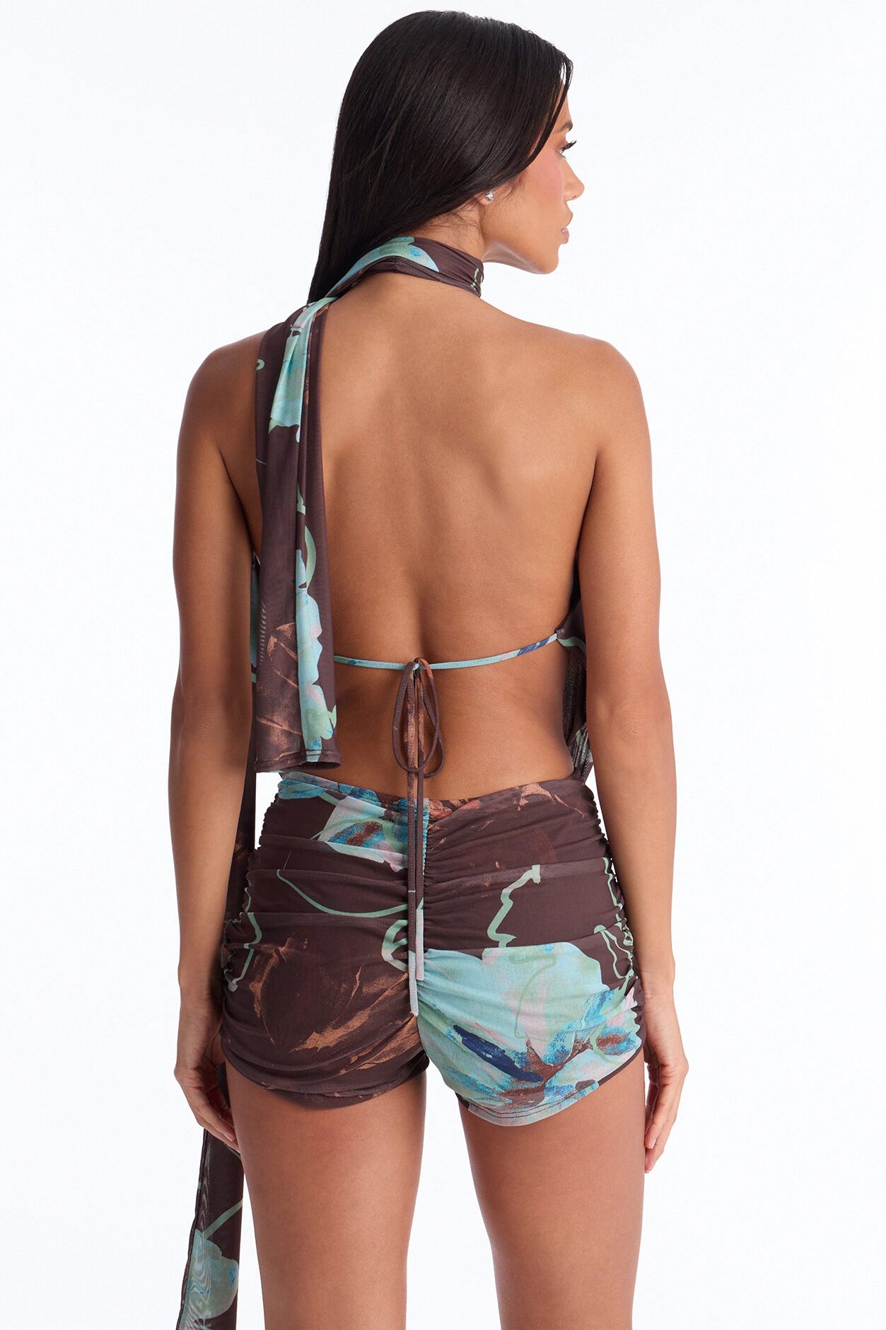 Malia Cowl Neck Mesh 2 Piece Romper - Brown