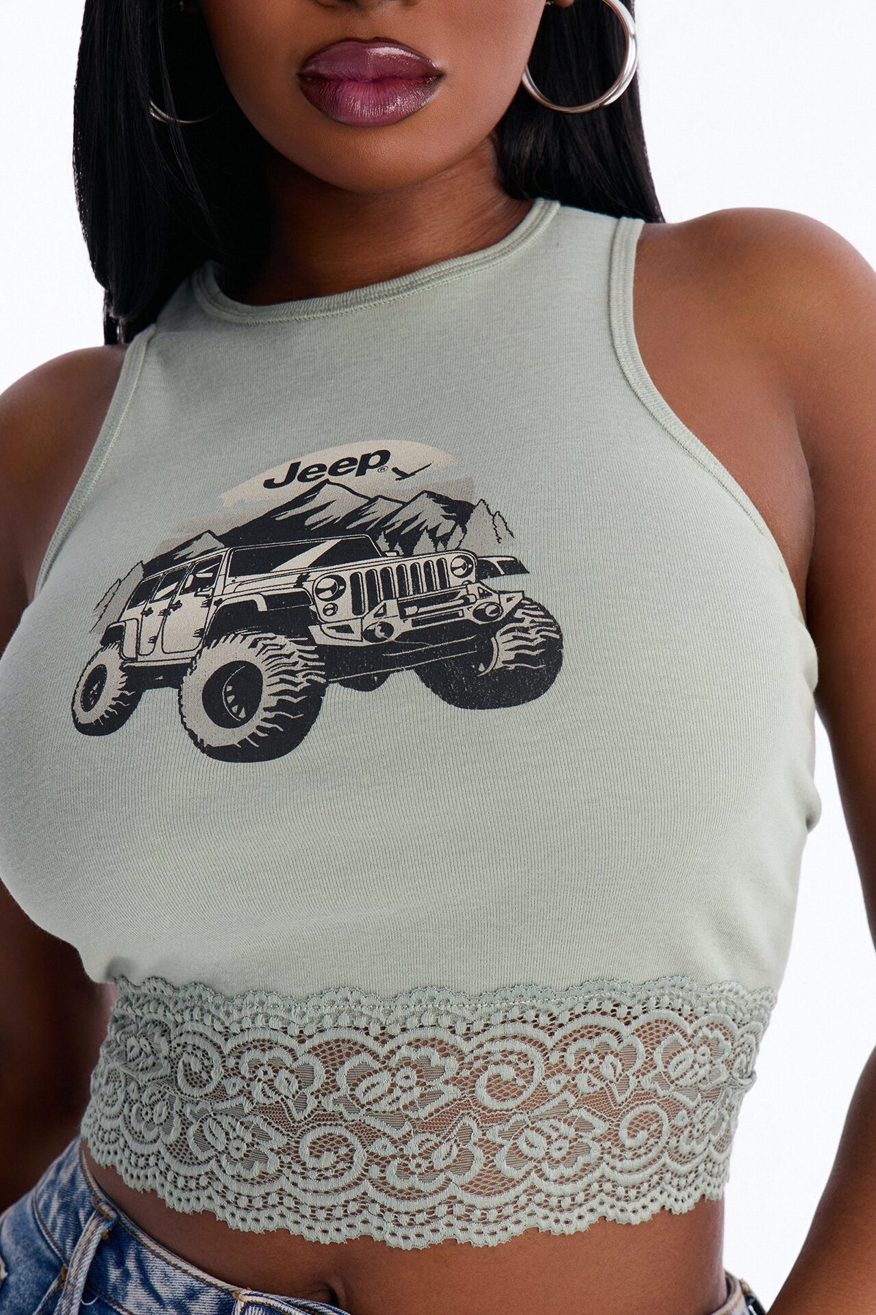 Jeep Lace Trim Muscle Tank - Sage