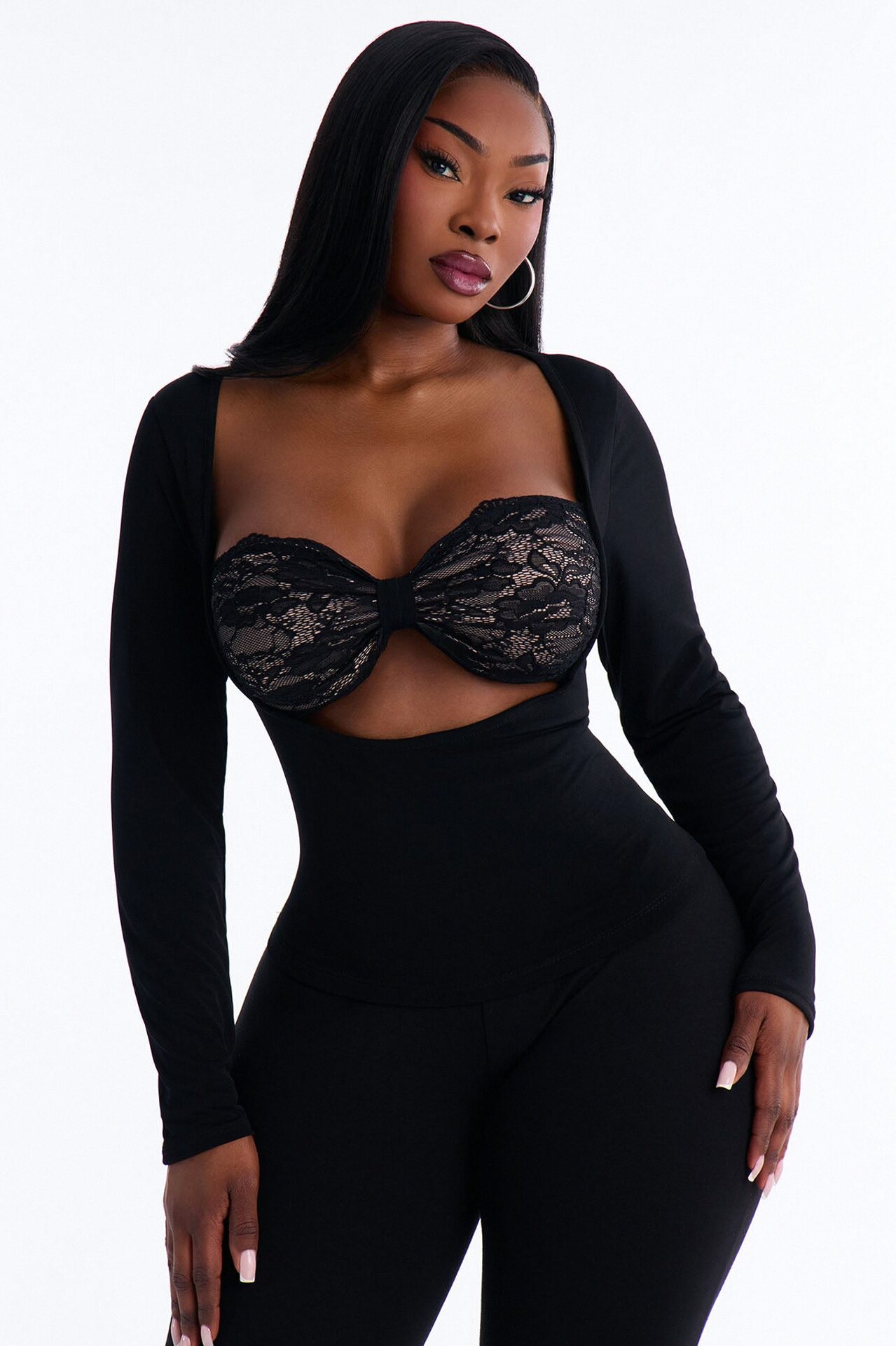 Sophie Lace Cut Out Long Sleeve Top - Black
