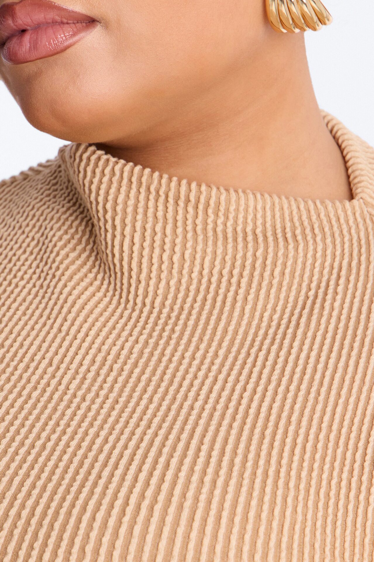 Ika Mock Neck Heavy Ribbed Short Sleeve Top - Mocha
