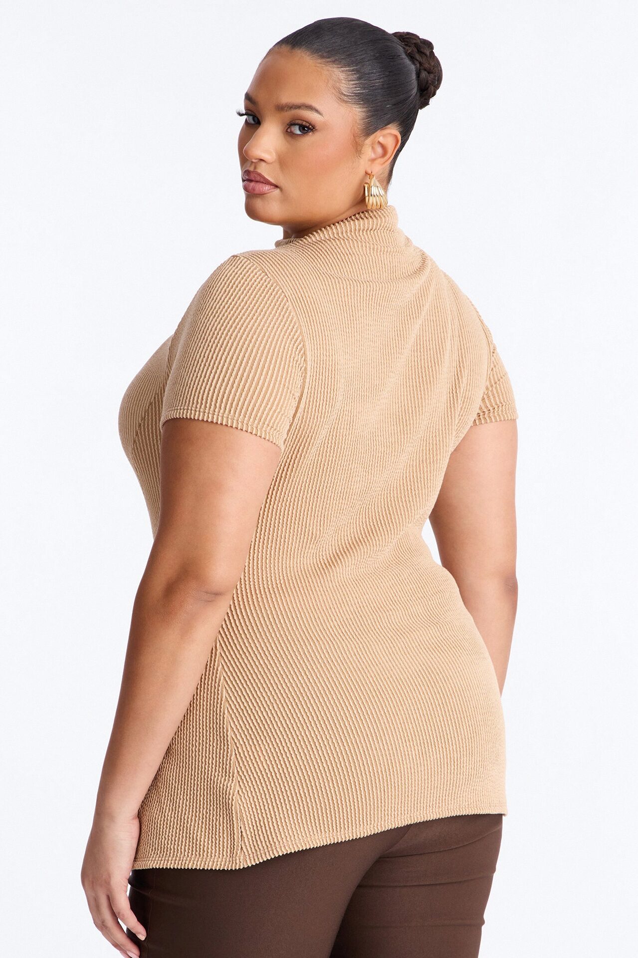 Ika Mock Neck Heavy Ribbed Short Sleeve Top - Mocha