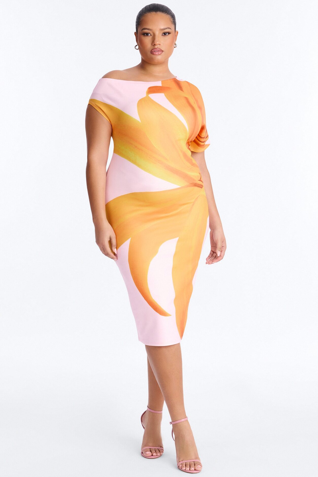 Gardenia One Shoulder Floral Midi Dress - Orange/combo