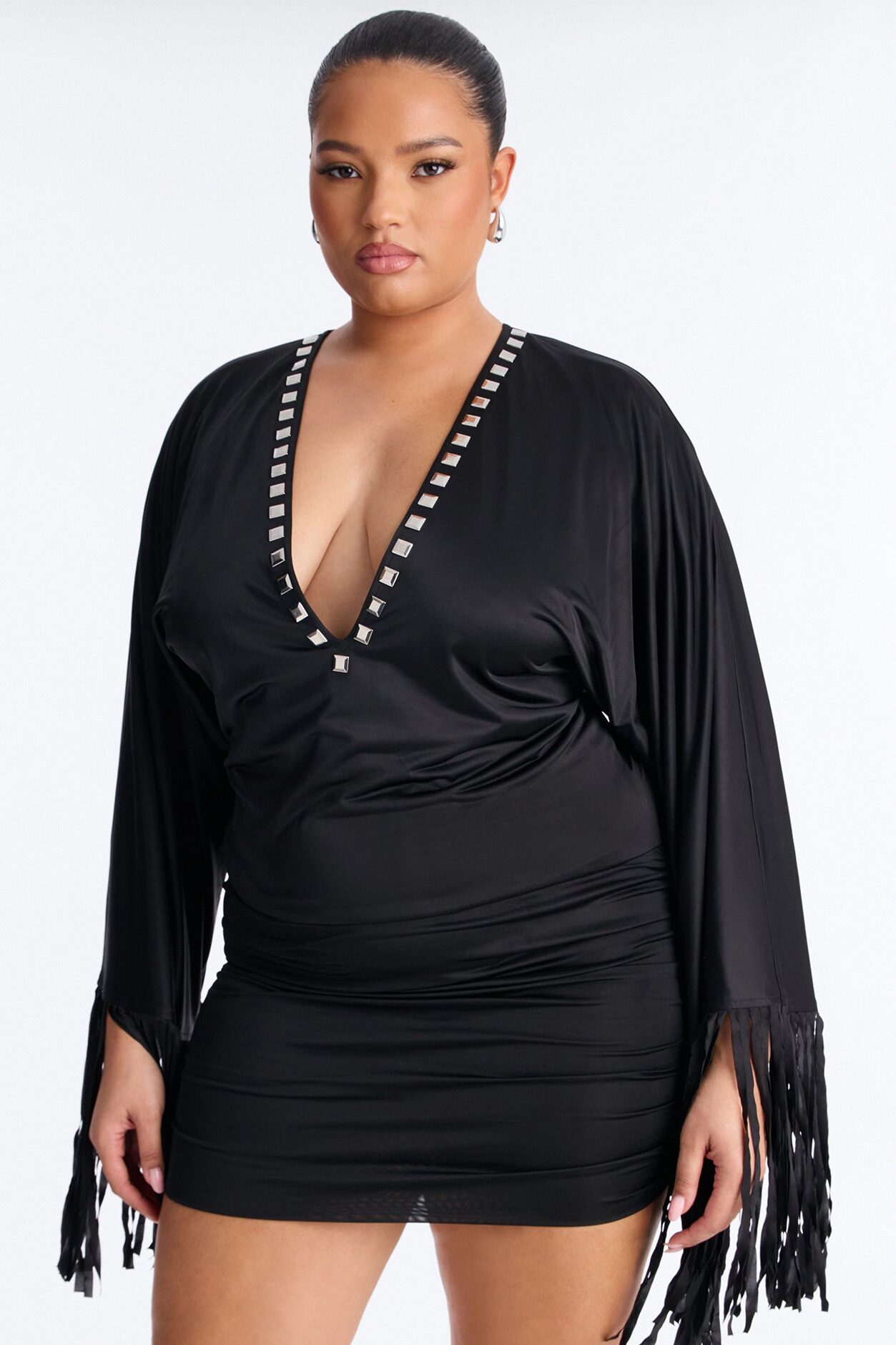 Cleo Studded Fringe Mini Dress - Black