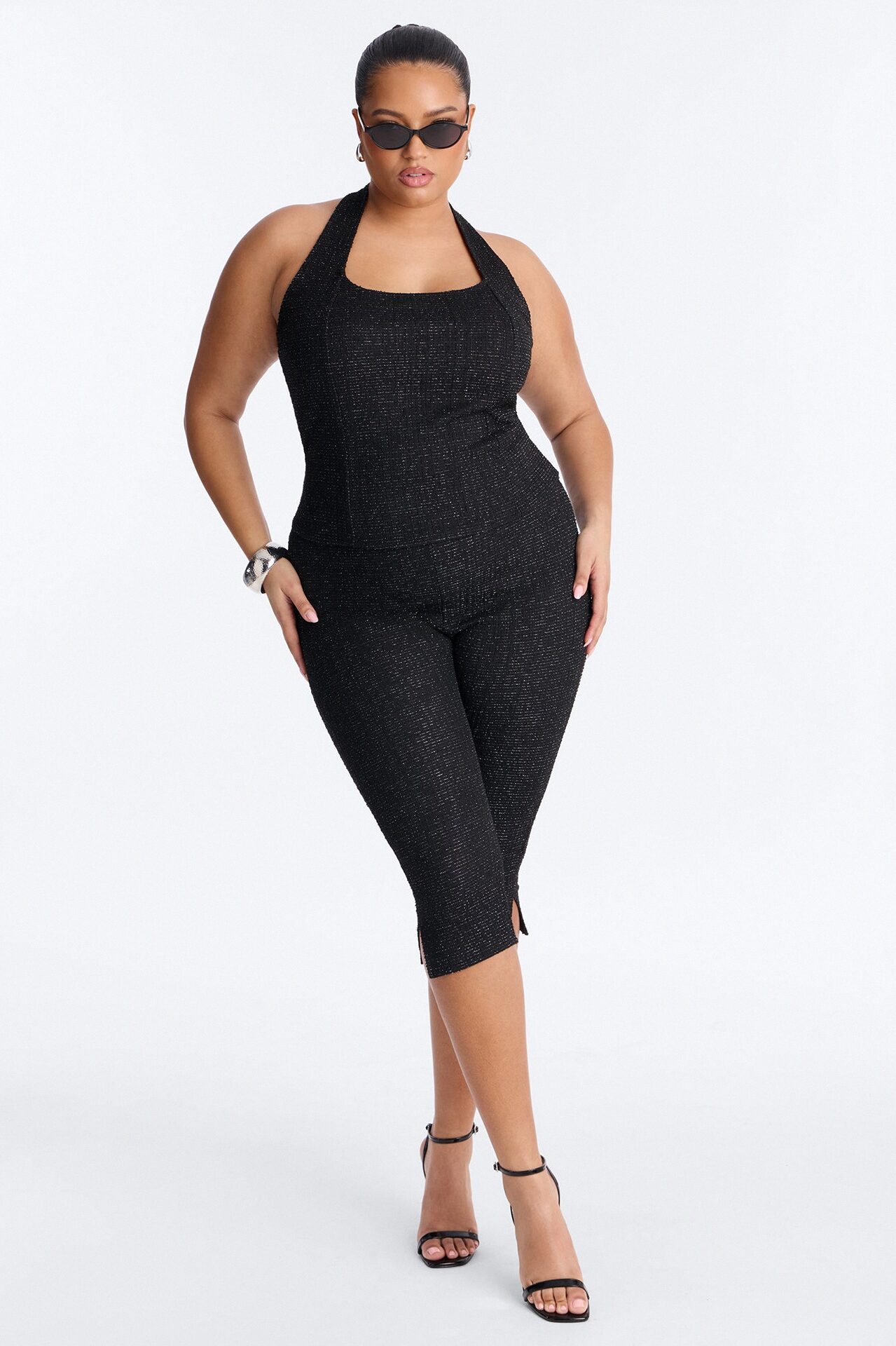 Keep My Promise Knit Tweed Capri Set - Black