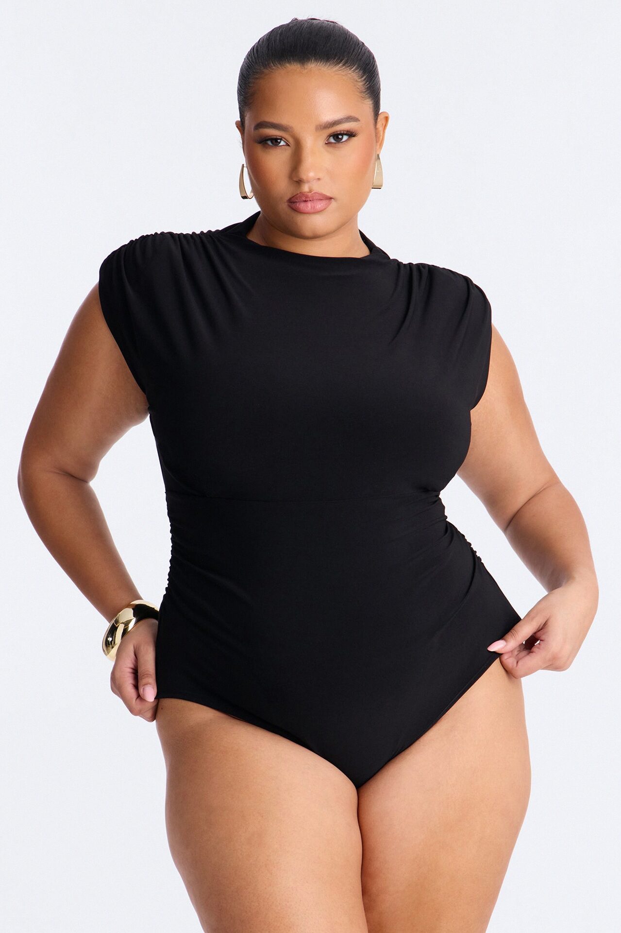 Get Serious Ruched Shoulder Pad Bodysuit - Black