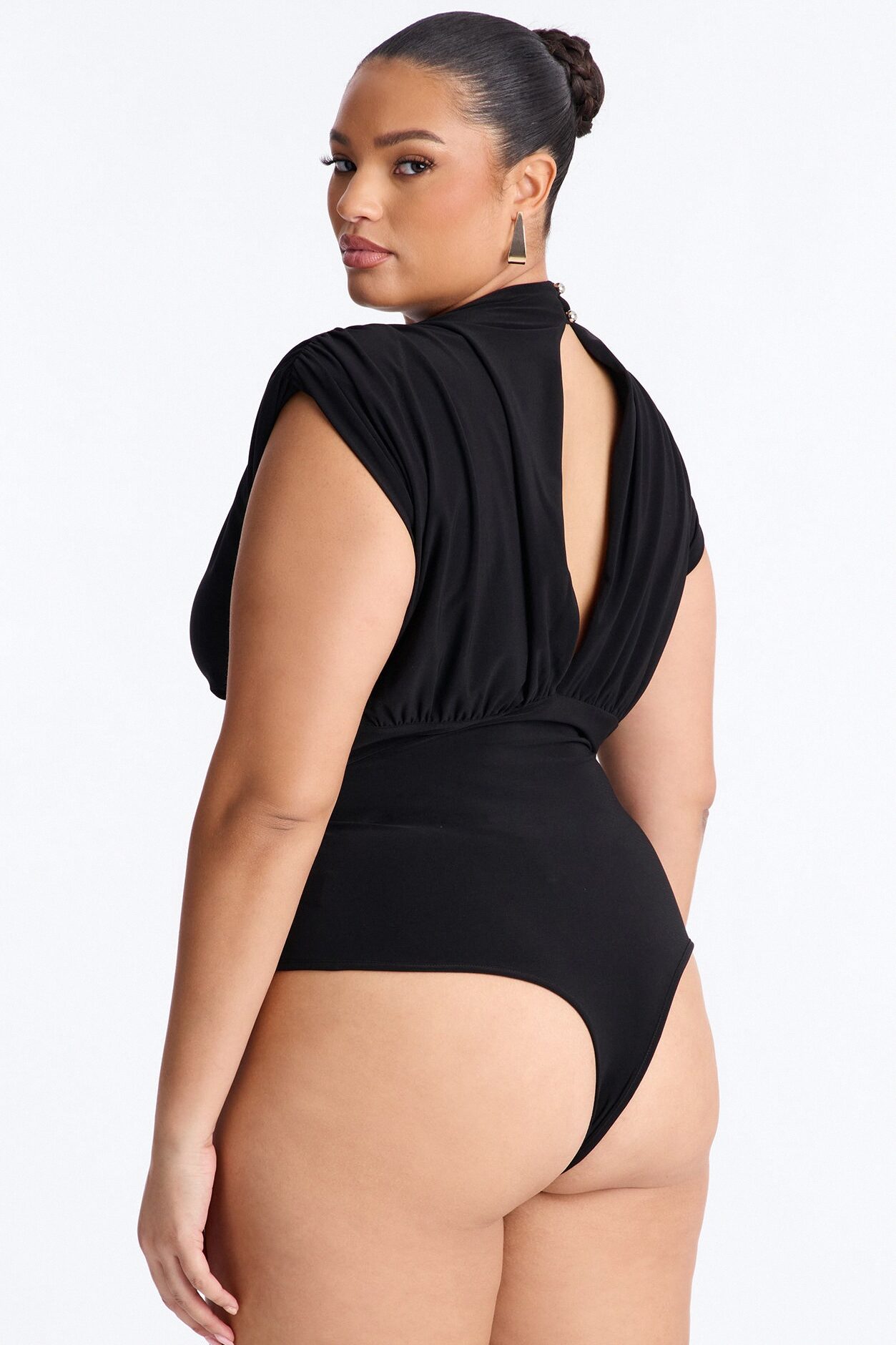 Get Serious Ruched Shoulder Pad Bodysuit - Black