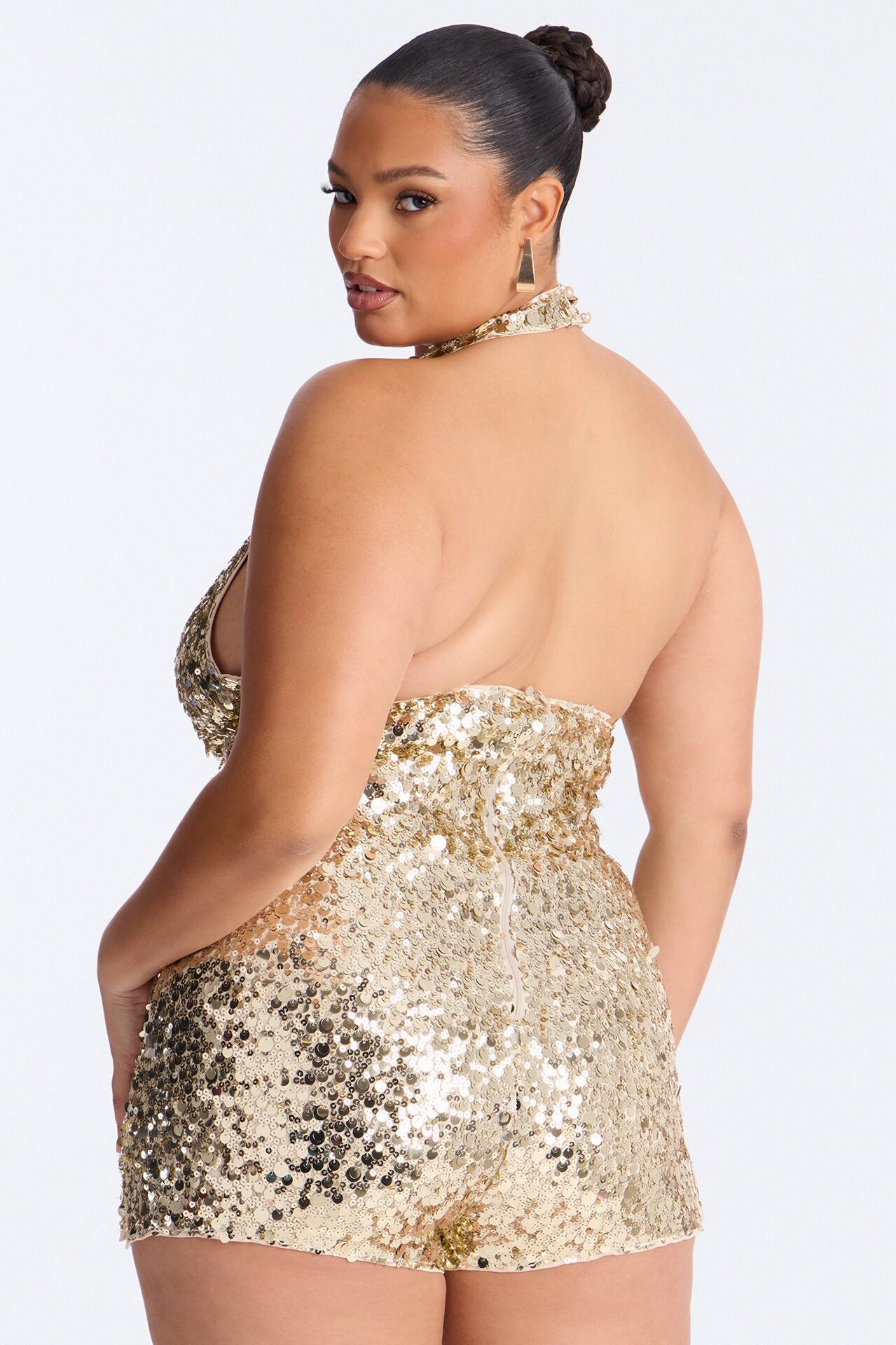 Dazzling In The Night Sequin Halter Romper - Gold