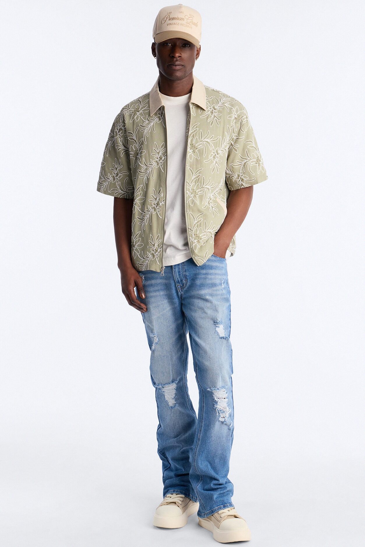 Relaxed Island Riot Embroidered Zip Shirt - Olive