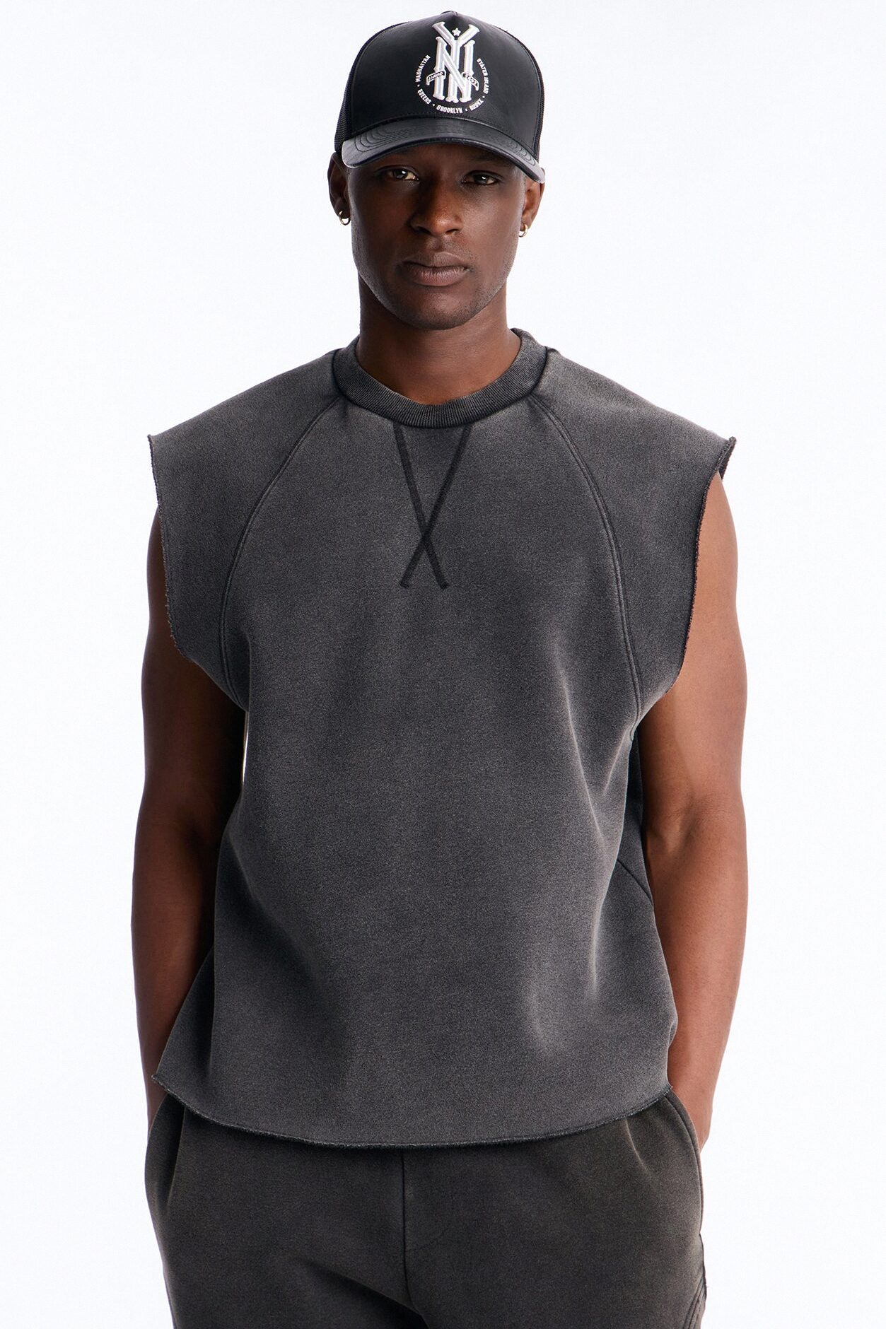 Washed Raw Edge Relaxed Muscle Tee - Black Wash