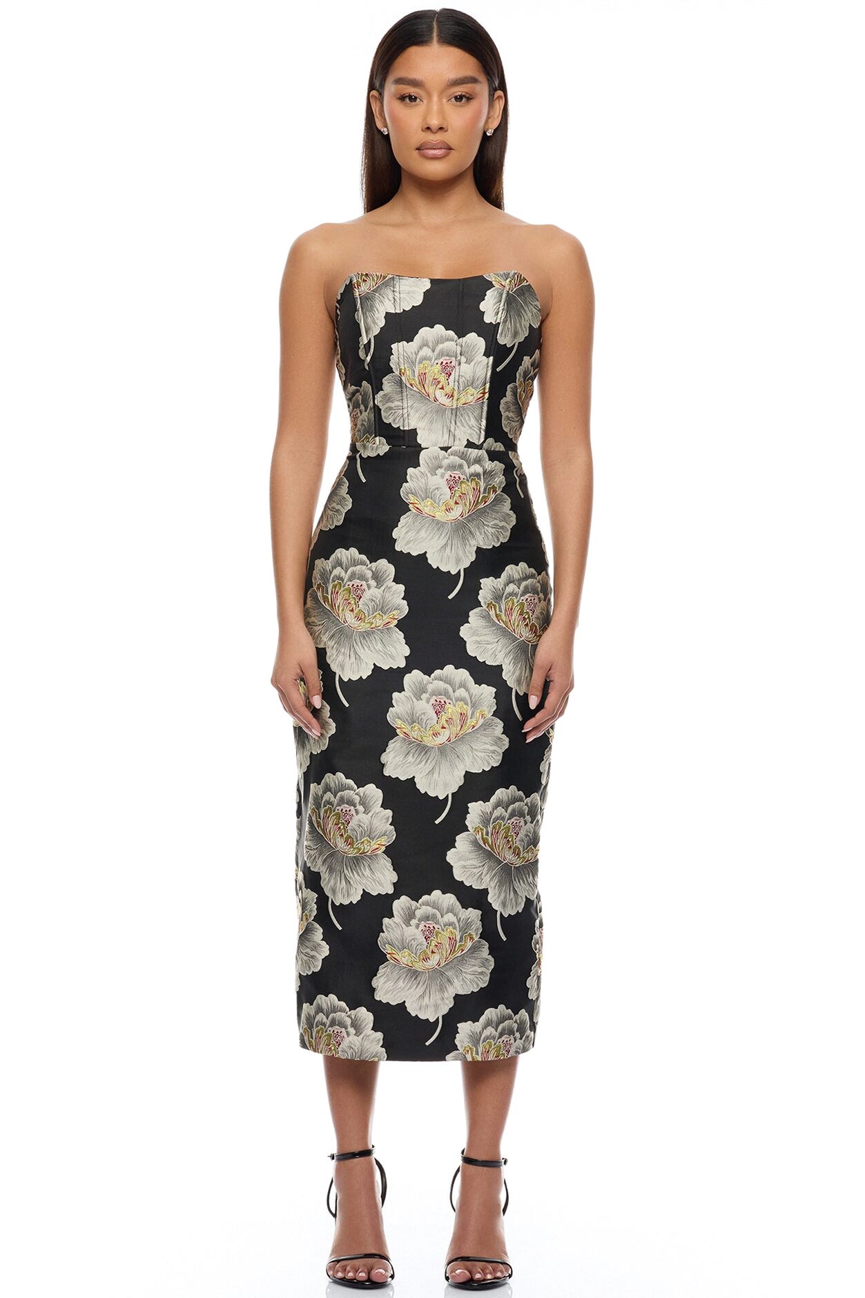 Fiora Strapless Jacquard Midi Dress - Black/combo