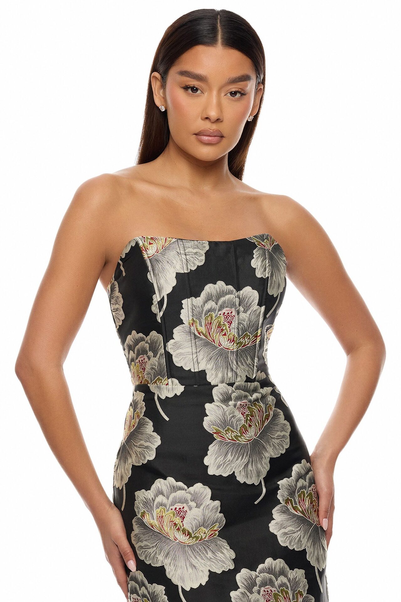 Fiora Strapless Jacquard Midi Dress - Black/combo