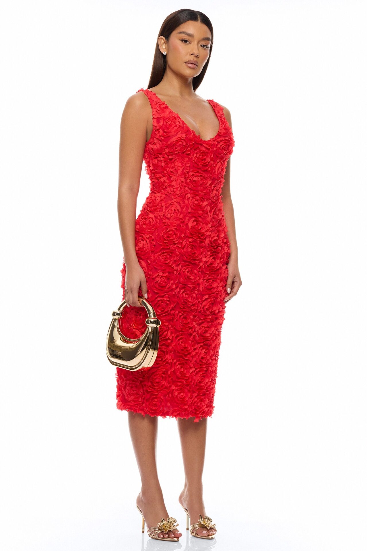 Rose Gardens Floral Applique Midi Dress - Red