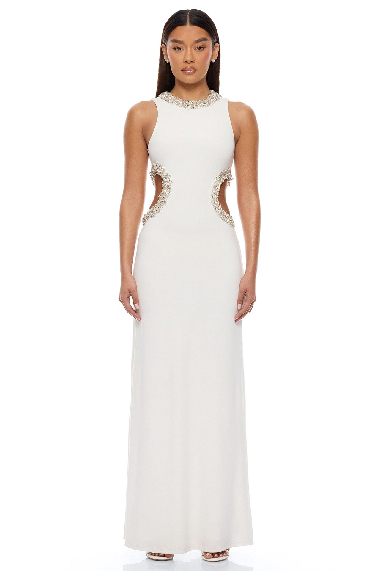 Kaylea Cut Out Rhinestone Maxi Dress - White