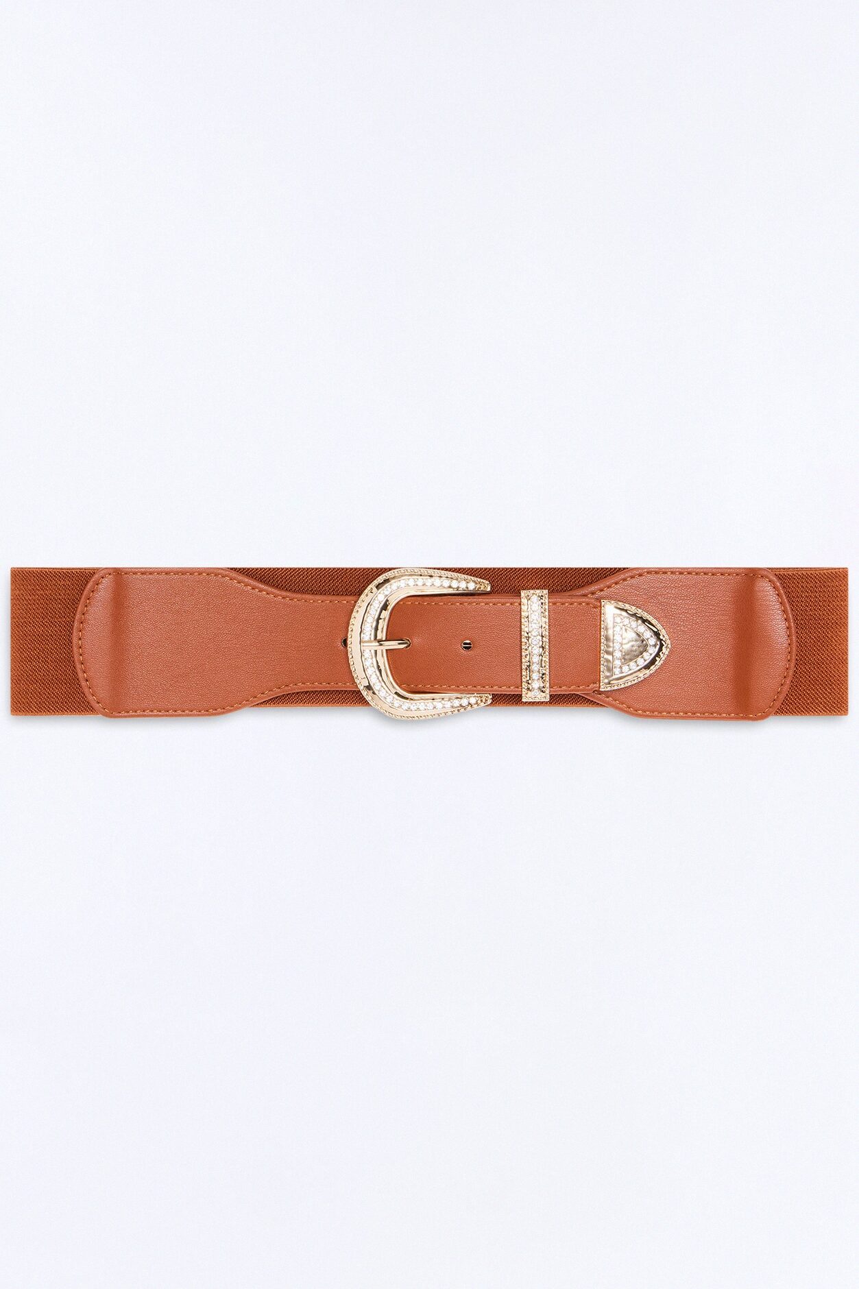 Julie Rhinestone Wide Stretch Belt - Cognac