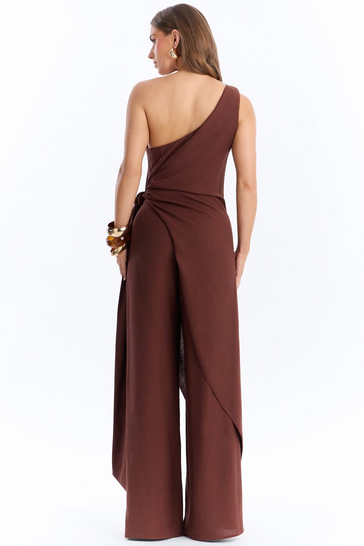 Zena Off Shoulder Draped Jumpsuit - Chocolate