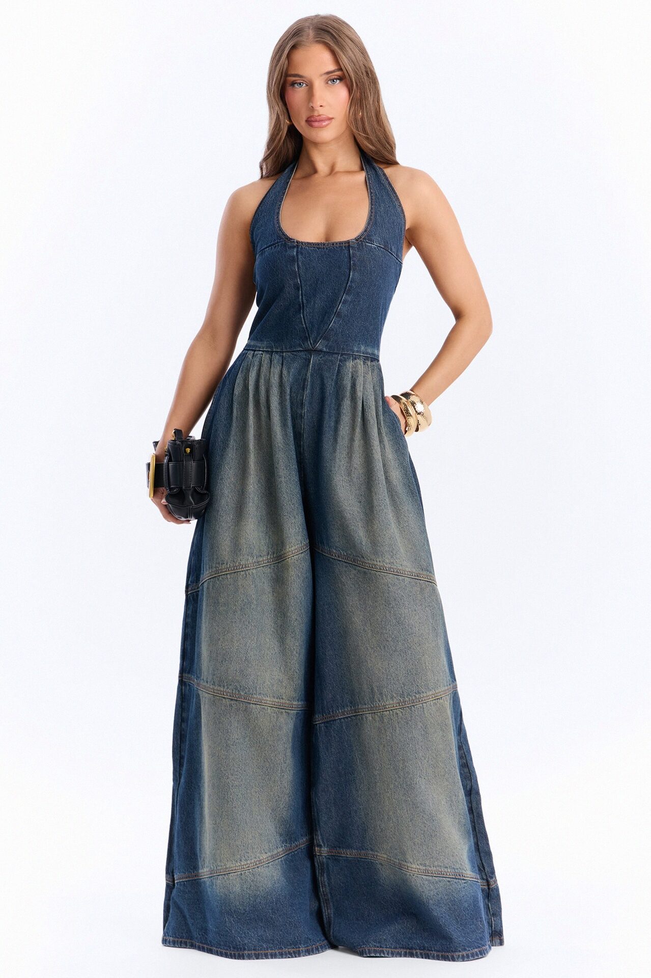 Bella Extreme Wide Leg Washed Denim Jumpsuit - Dark Wash