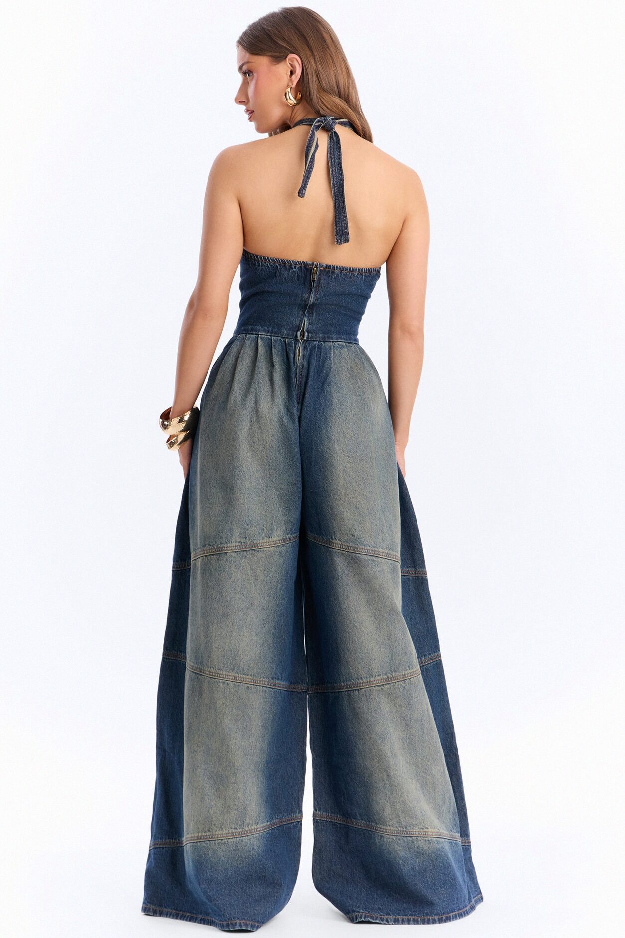 Bella Extreme Wide Leg Washed Denim Jumpsuit - Dark Wash