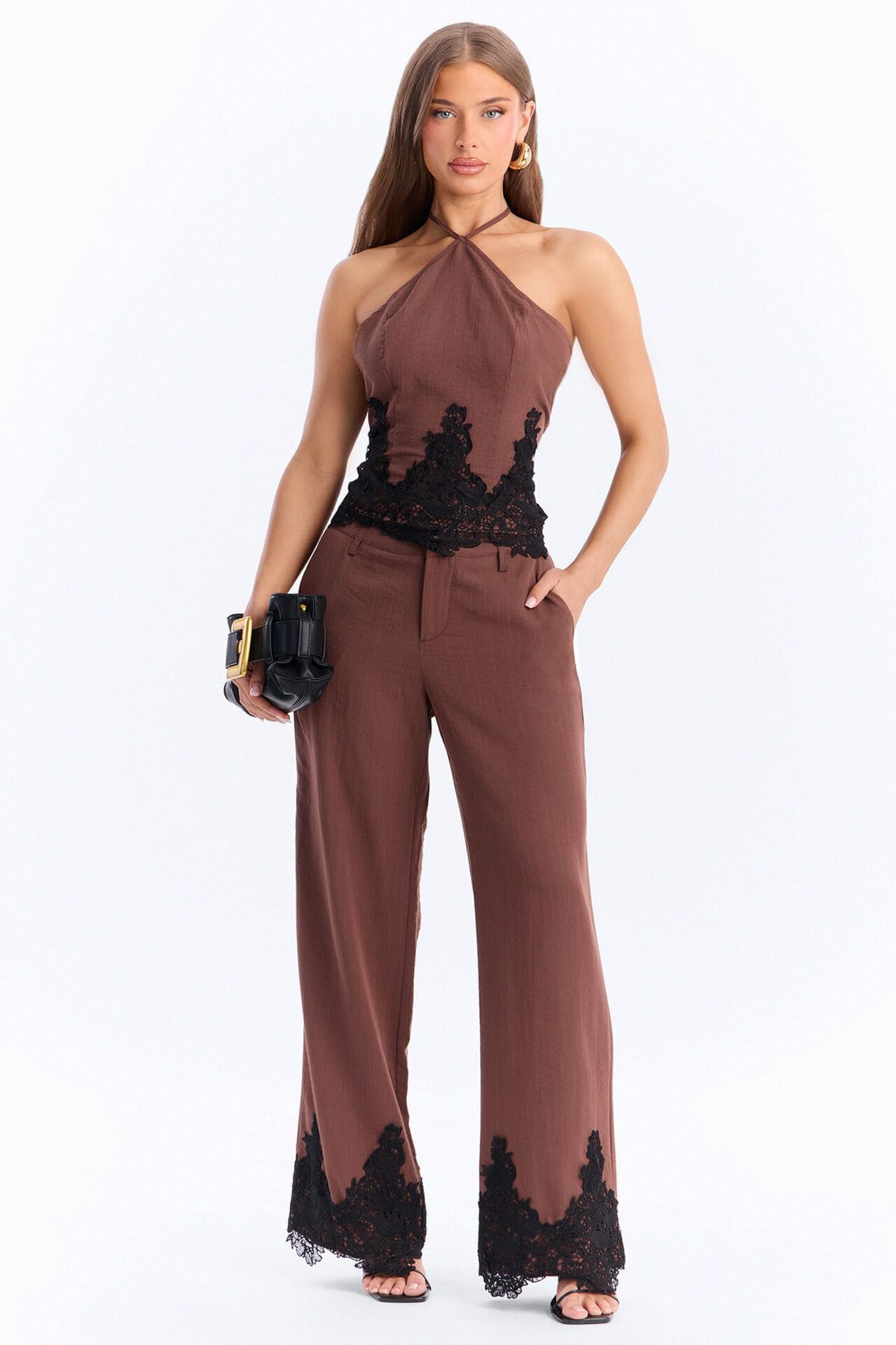 Mindy Halter Lace Trim Linen Pant Set - Brown