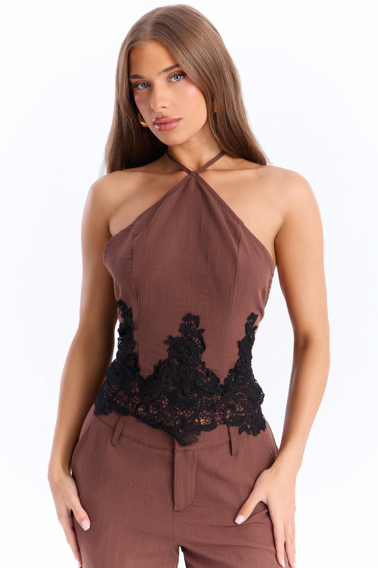 Mindy Halter Lace Trim Linen Pant Set - Brown