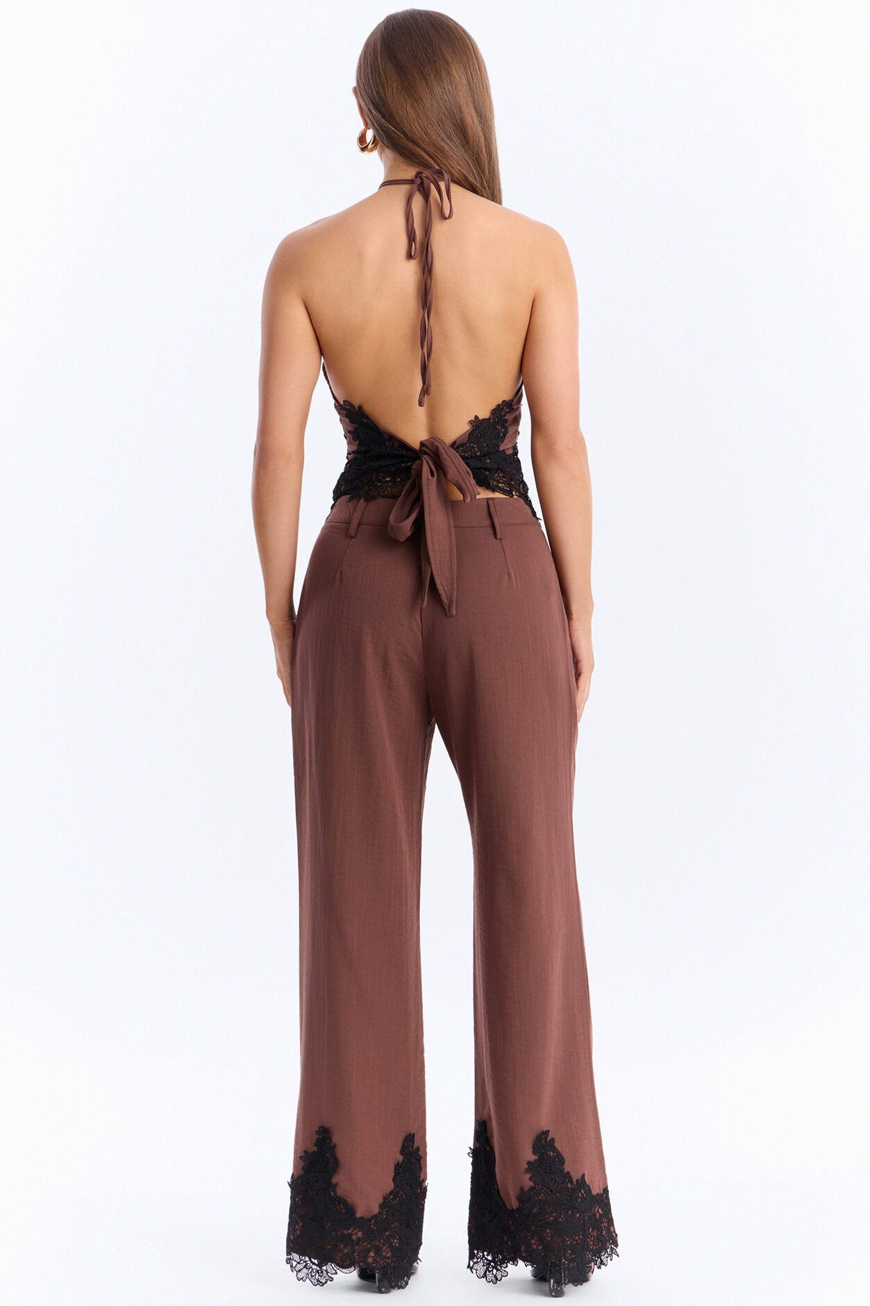 Mindy Halter Lace Trim Linen Pant Set - Brown