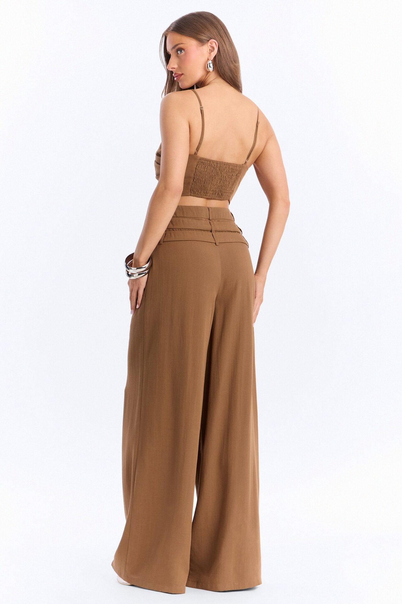 Monica Linen Layered Trouser Set - Brown
