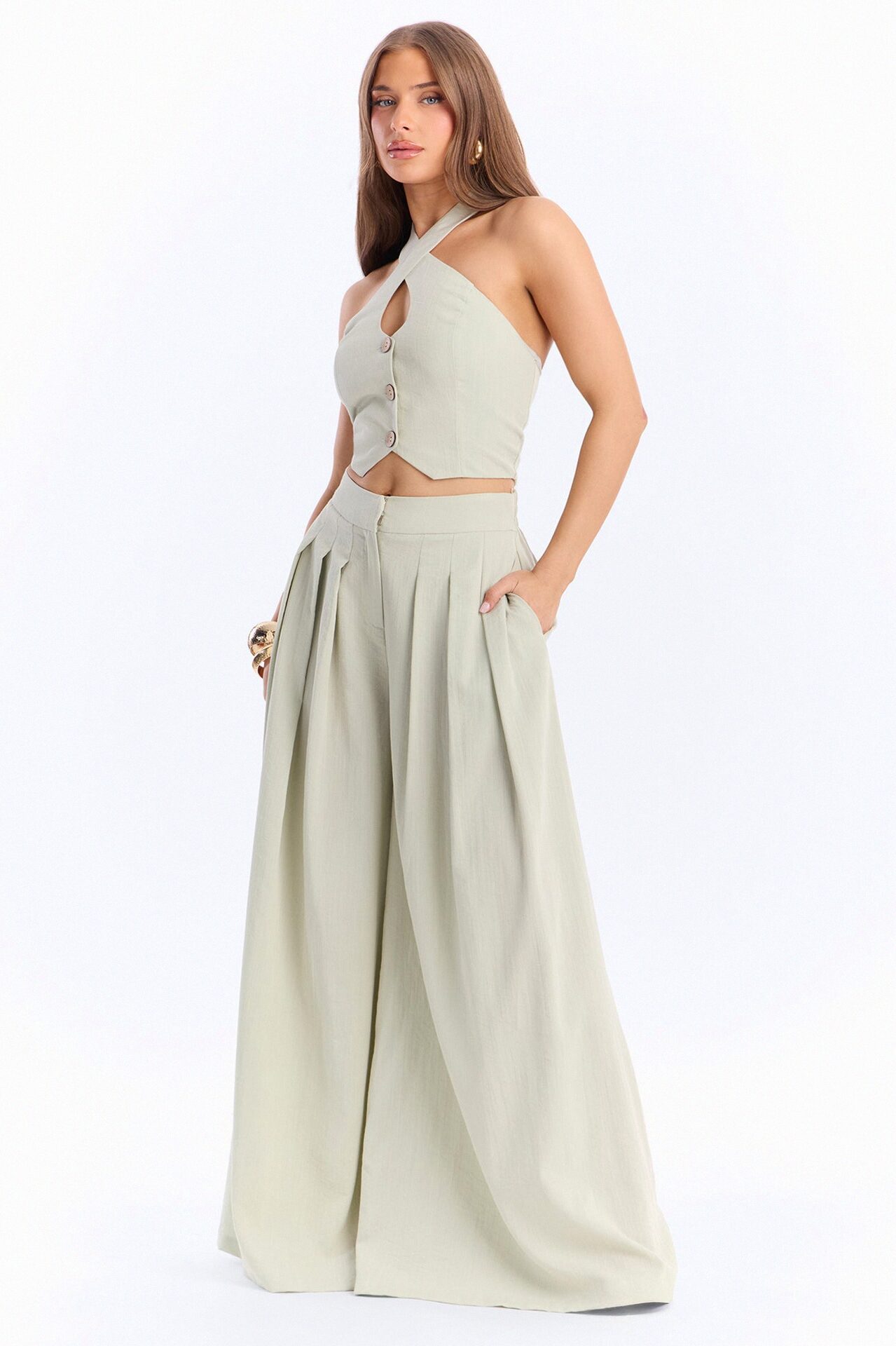 Nicole Linen Halter Pant Set - Sage