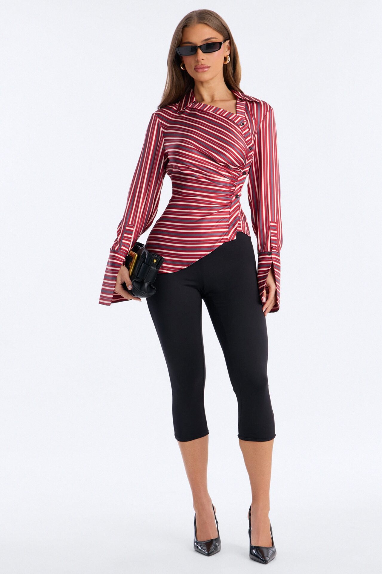 Office Cool Asymmetrical Striped Satin Shirt - Red/combo