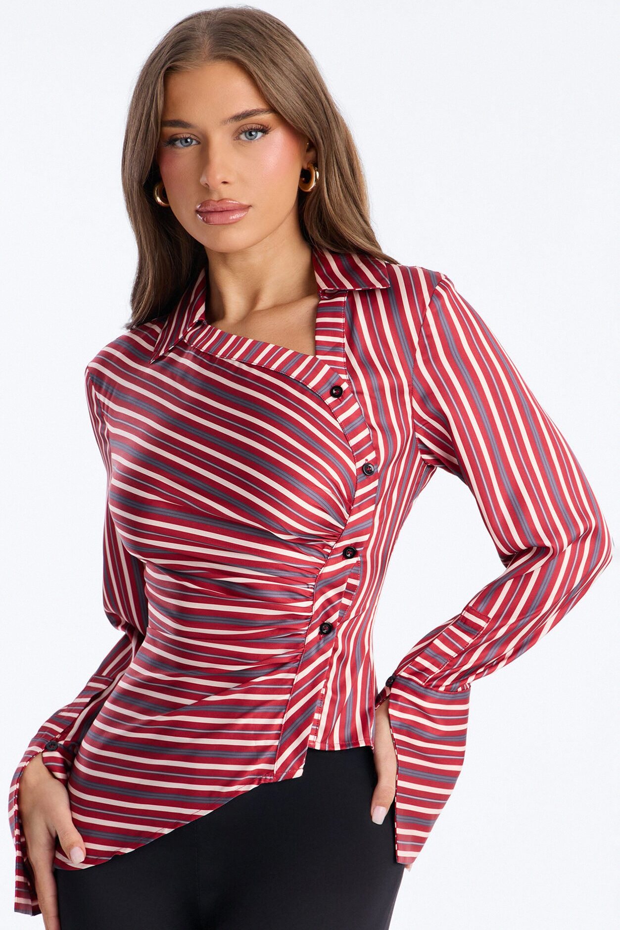 Office Cool Asymmetrical Striped Satin Shirt - Red/combo