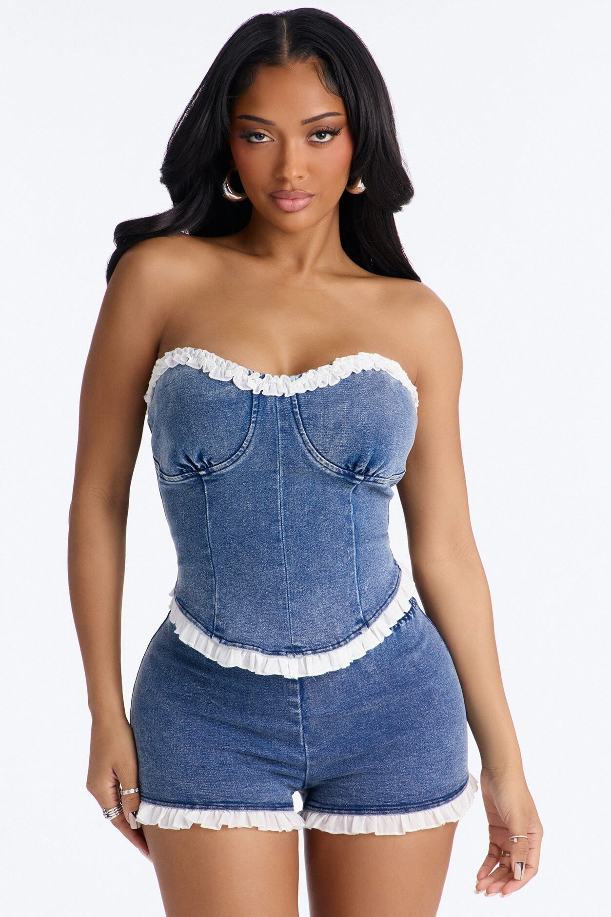 Dixie Ruffled Denim Short Set - Medium Wash