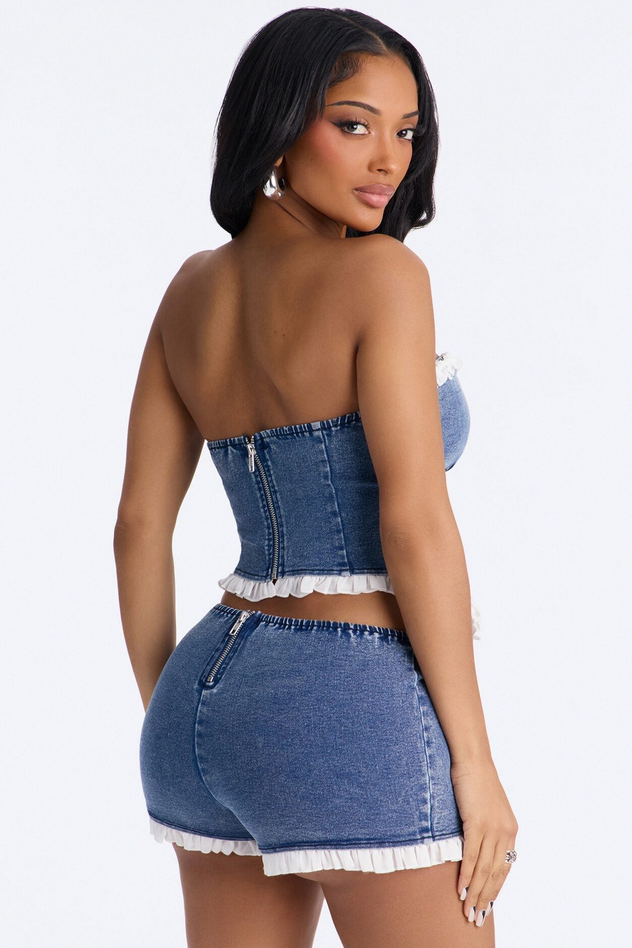 Dixie Ruffled Denim Short Set - Medium Wash