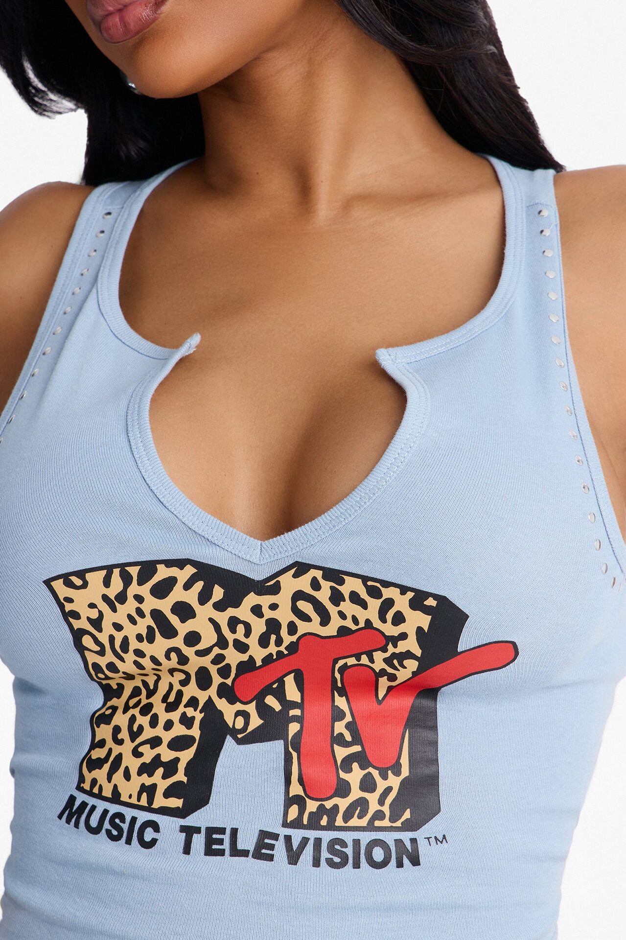 MTV Studded Notch Neck Tank - Dusty Blue