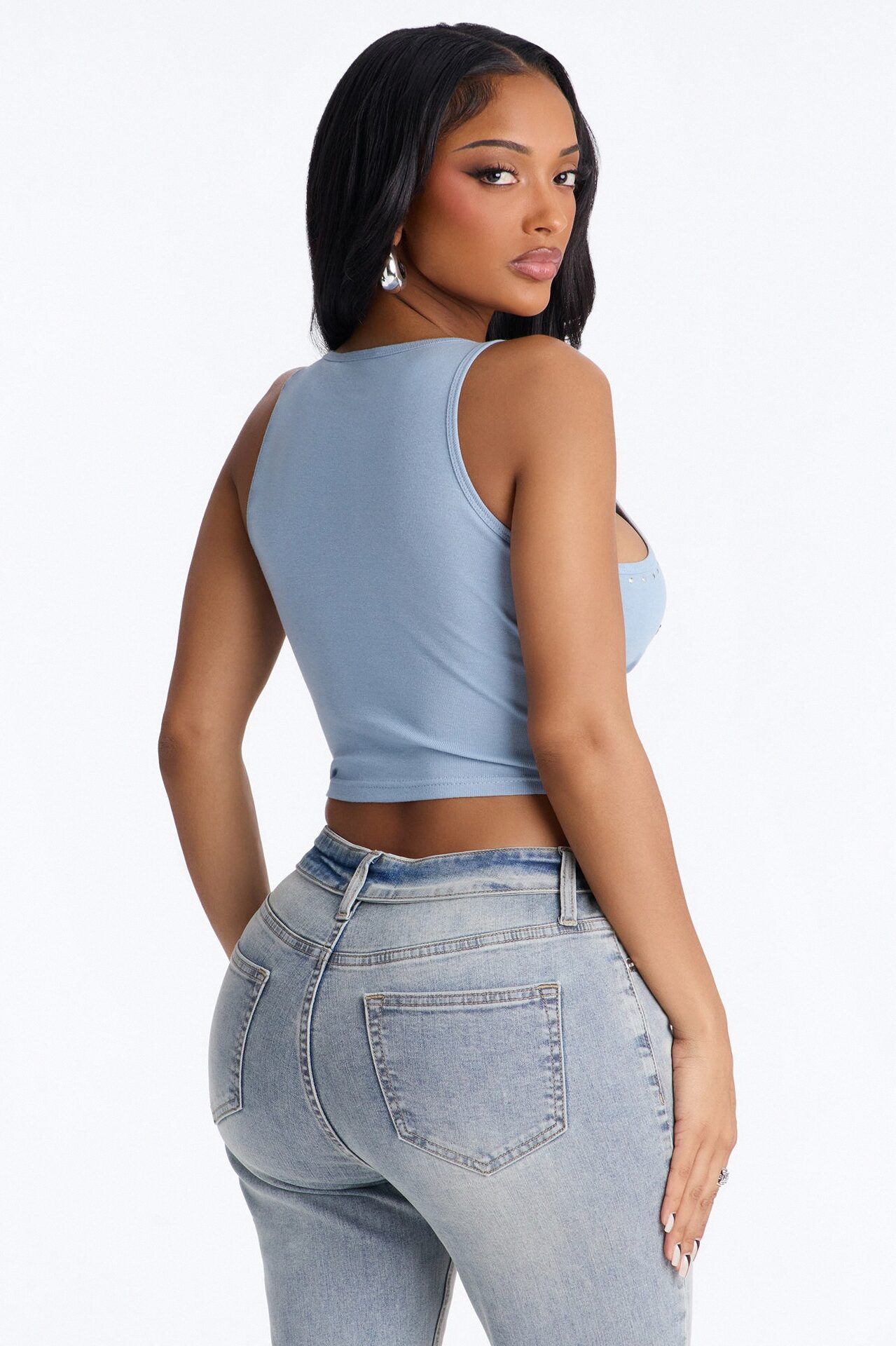 MTV Studded Notch Neck Tank - Dusty Blue