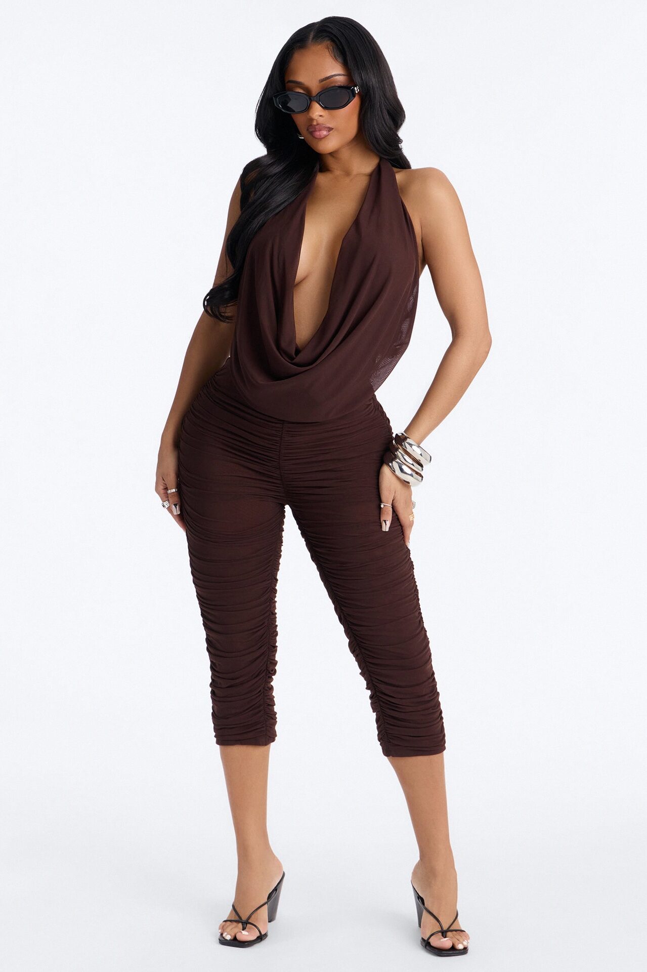 Shayla Ruched Mesh Capri Jumpsuit - Chocolate