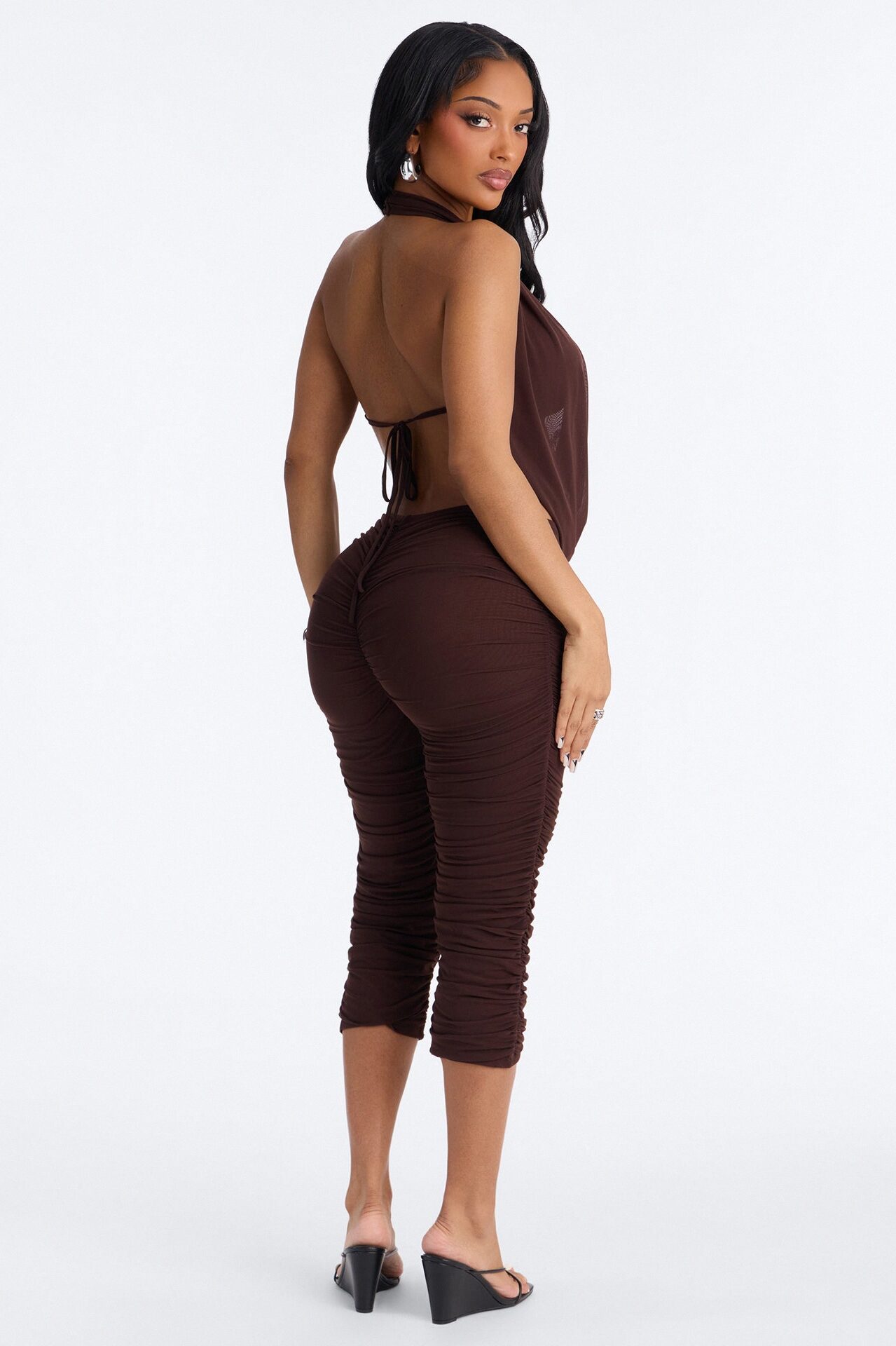 Shayla Ruched Mesh Capri Jumpsuit - Chocolate