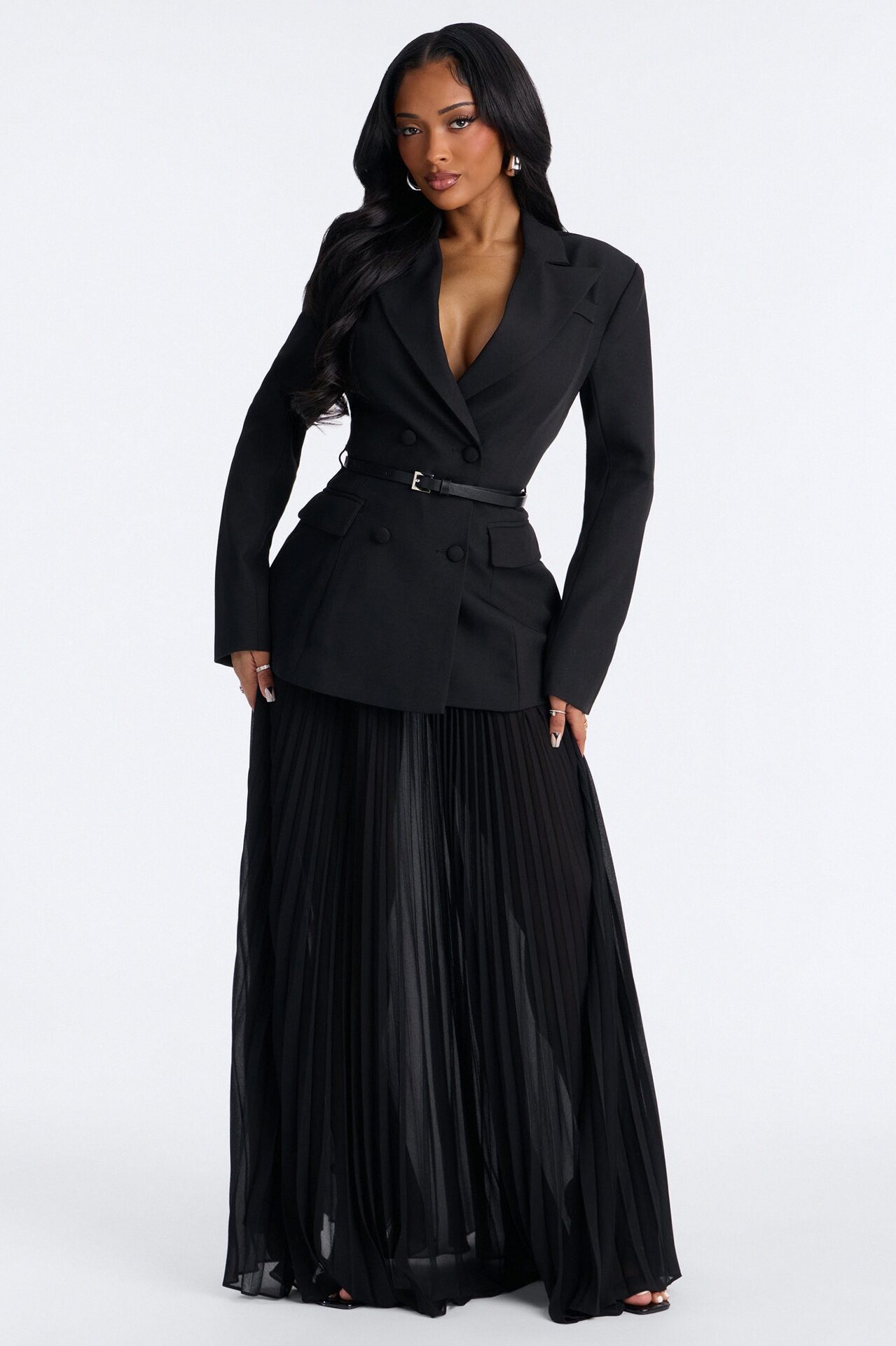 Aria Belted Long Sleeve Blazer Pleated Skirt Set - Black