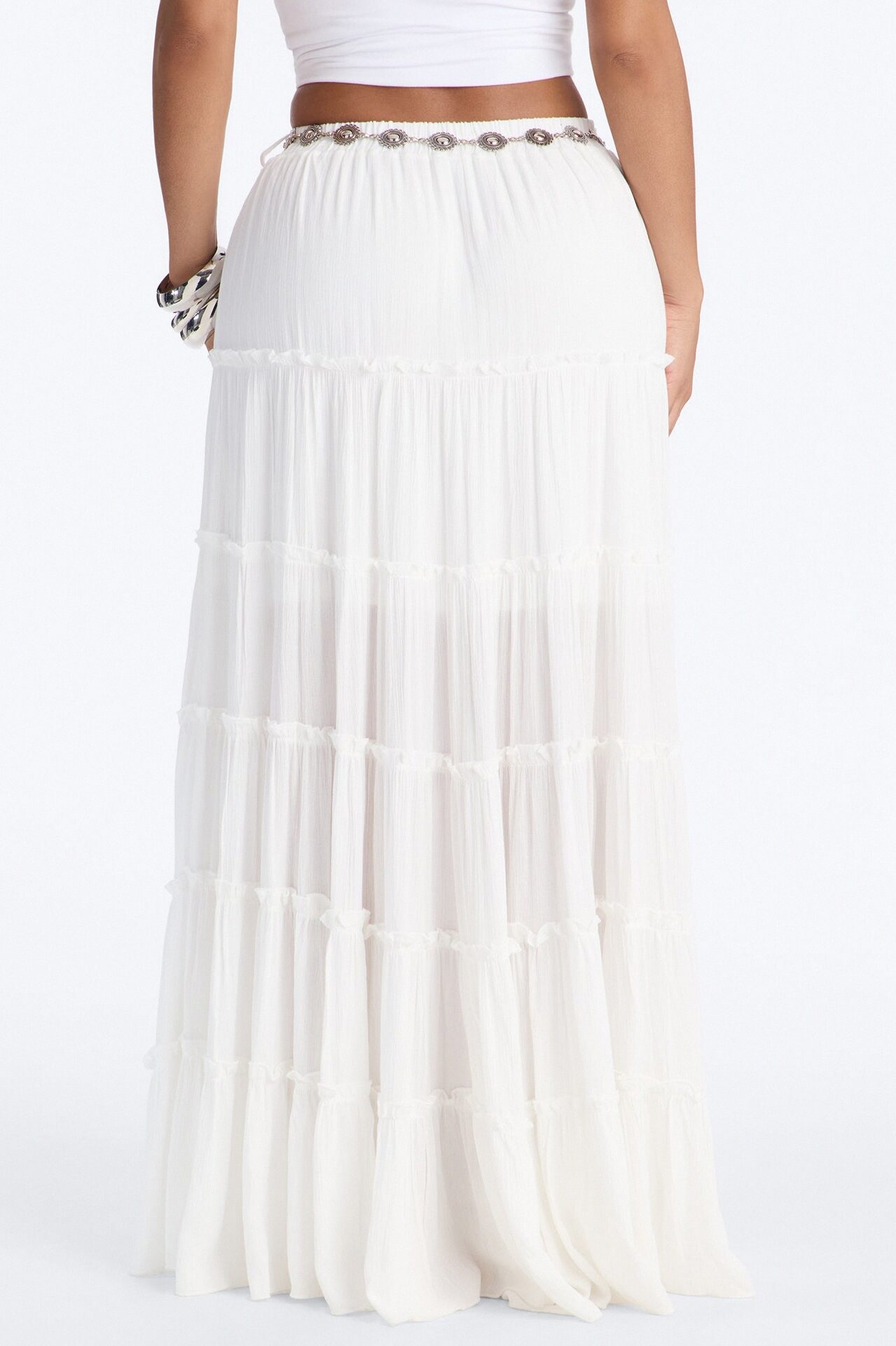 Free Spirit Low Rise Belted Tiered Maxi Skirt - White