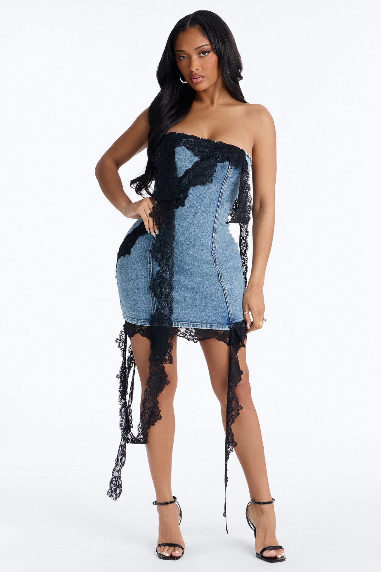 Lizzie Lace Trim Stretch Denim Mini Dress - Medium Wash