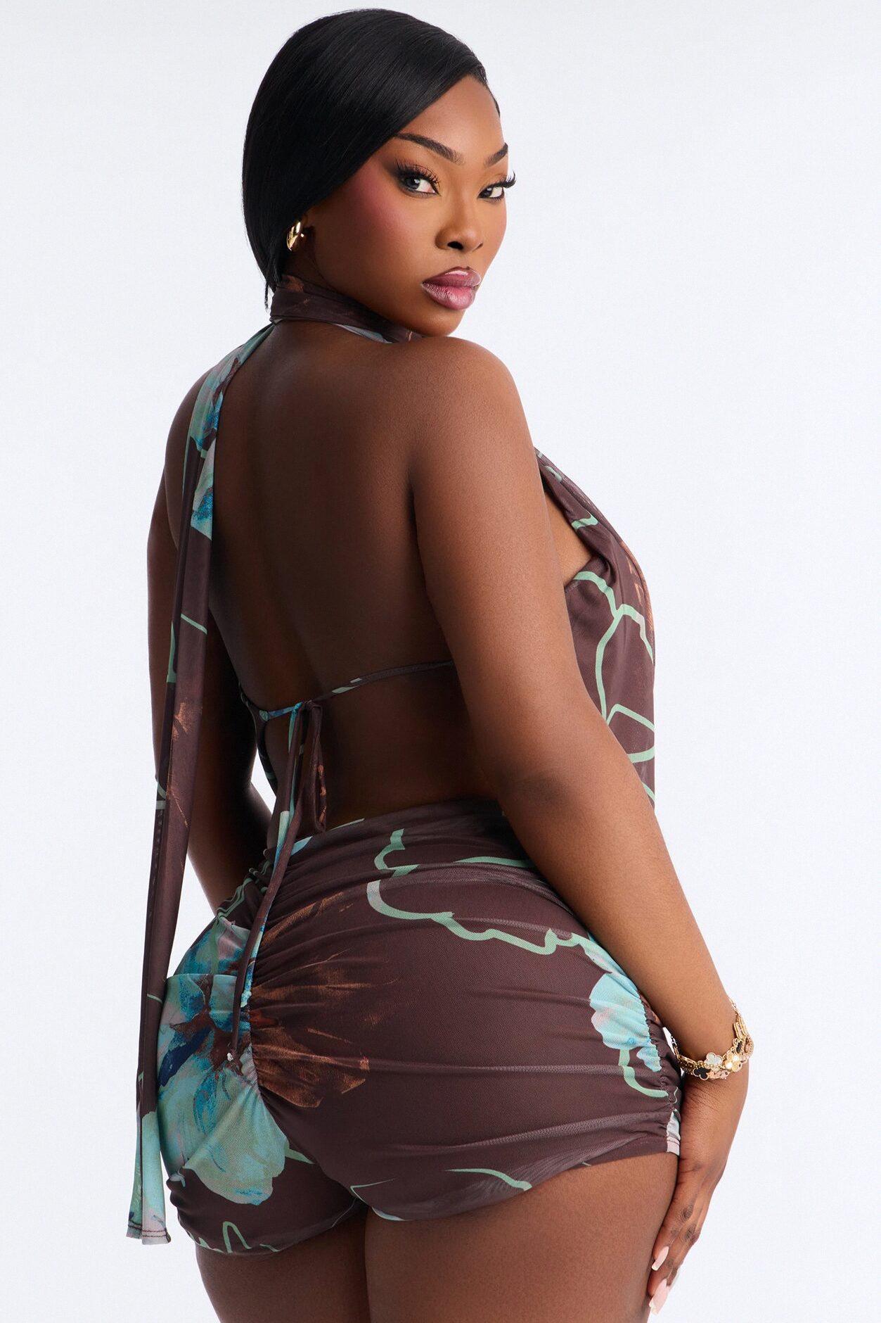 Malia Cowl Neck Mesh 2 Piece Romper - Brown